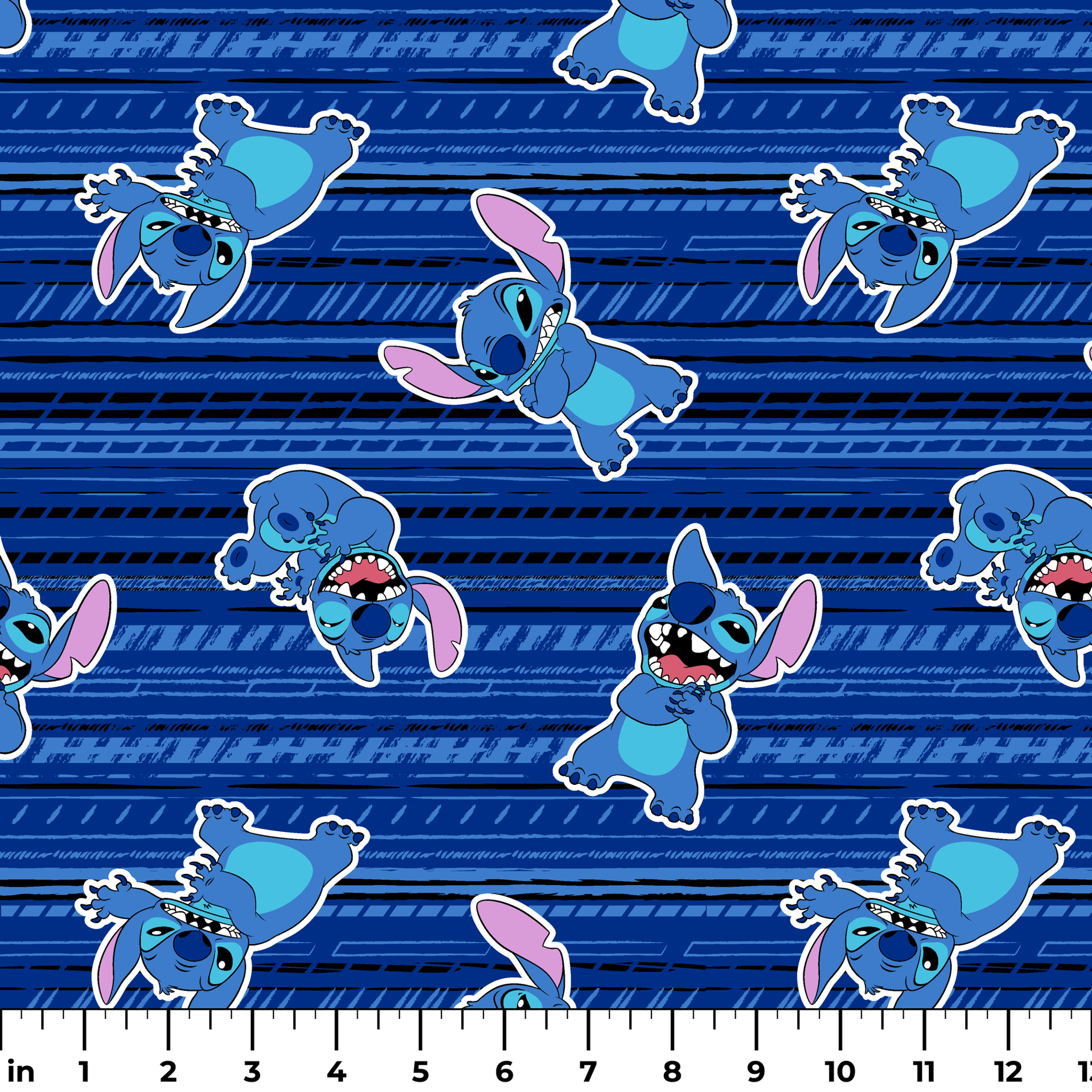 Blue background with Disney Stitch characters in various playful poses, featuring blue fur and pink ears ruler