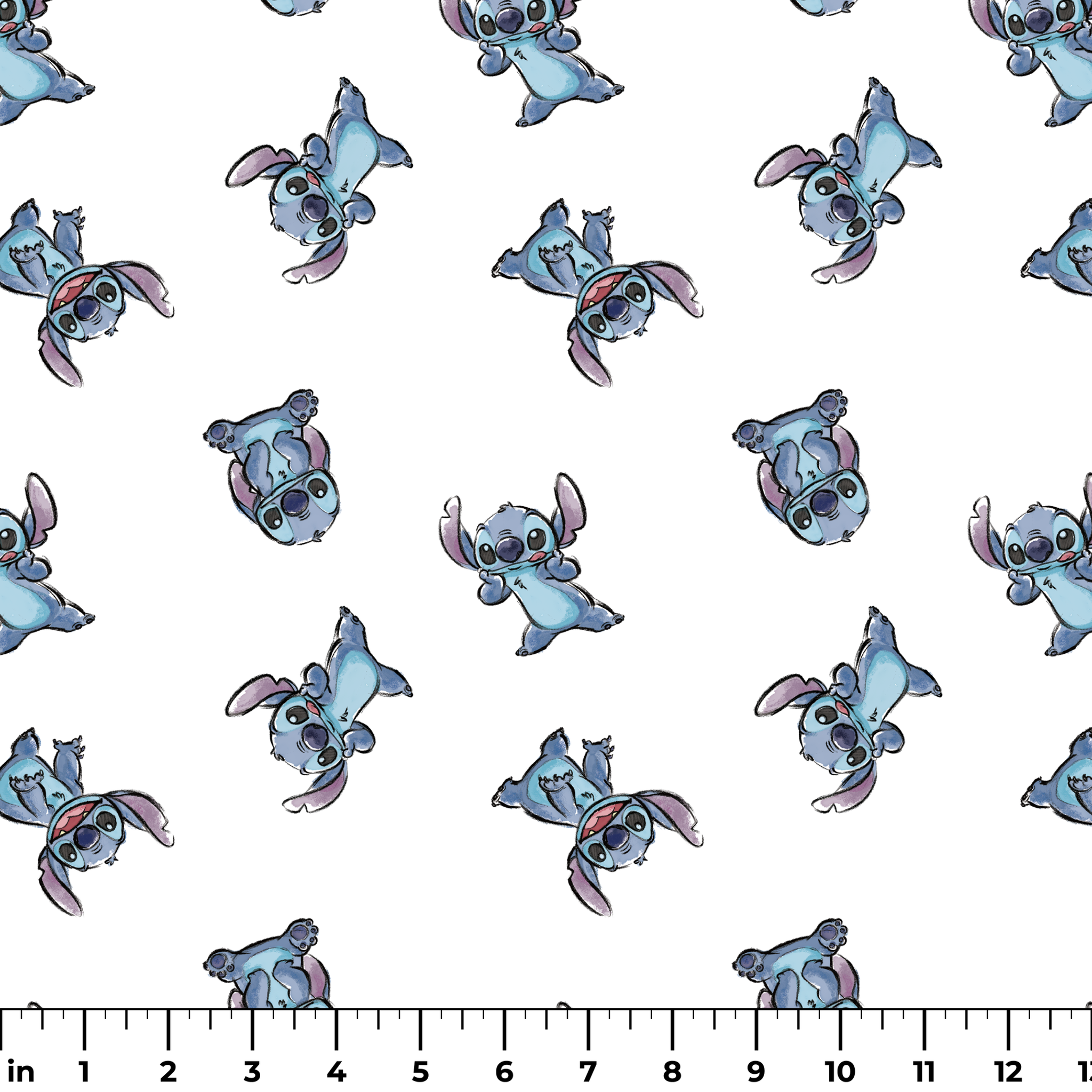 Blue cartoon Stitch characters from Disney's Lilo & Stitch in various playful poses on white background ruler