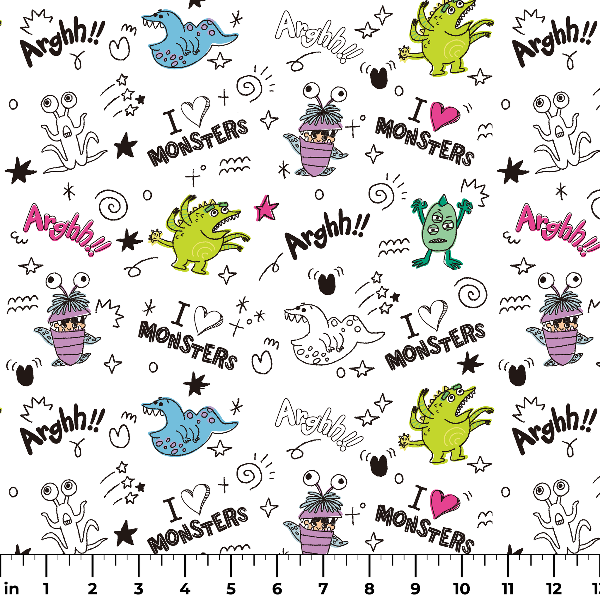 Colorful cartoon monster doodles with "I ♥ MONSTERS" and "Arghh!!" text in playful pattern style ruler