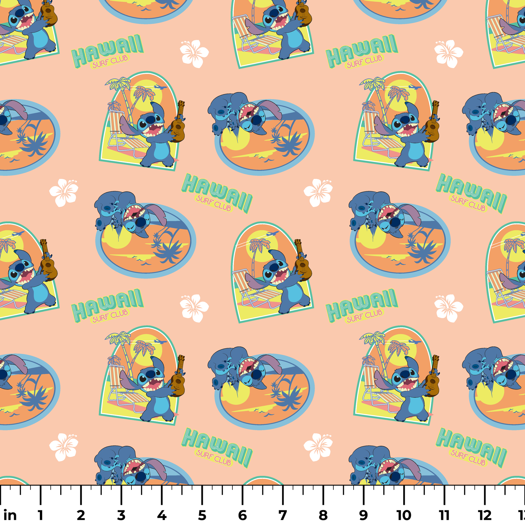 Disney's Stitch character on peach background with Hawaii-themed illustrations featuring surfboards, ukulele, and tropical imagery ruler