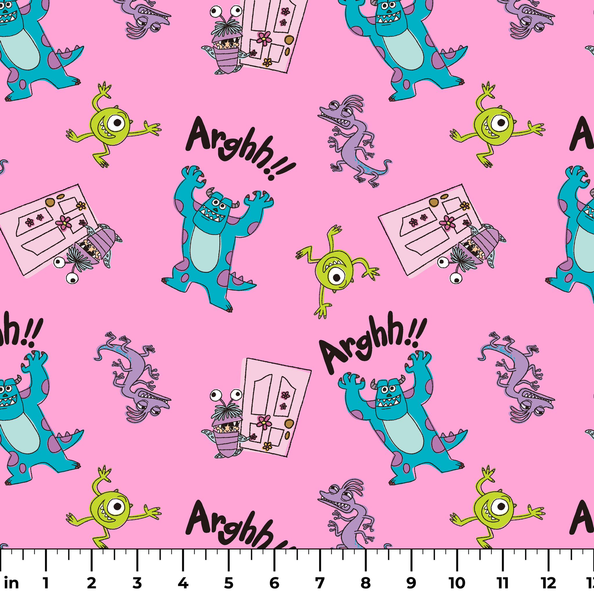 Cartoon monster pattern with blue creatures, green one-eyed characters, and "Arghh!!" text on pink background ruler
