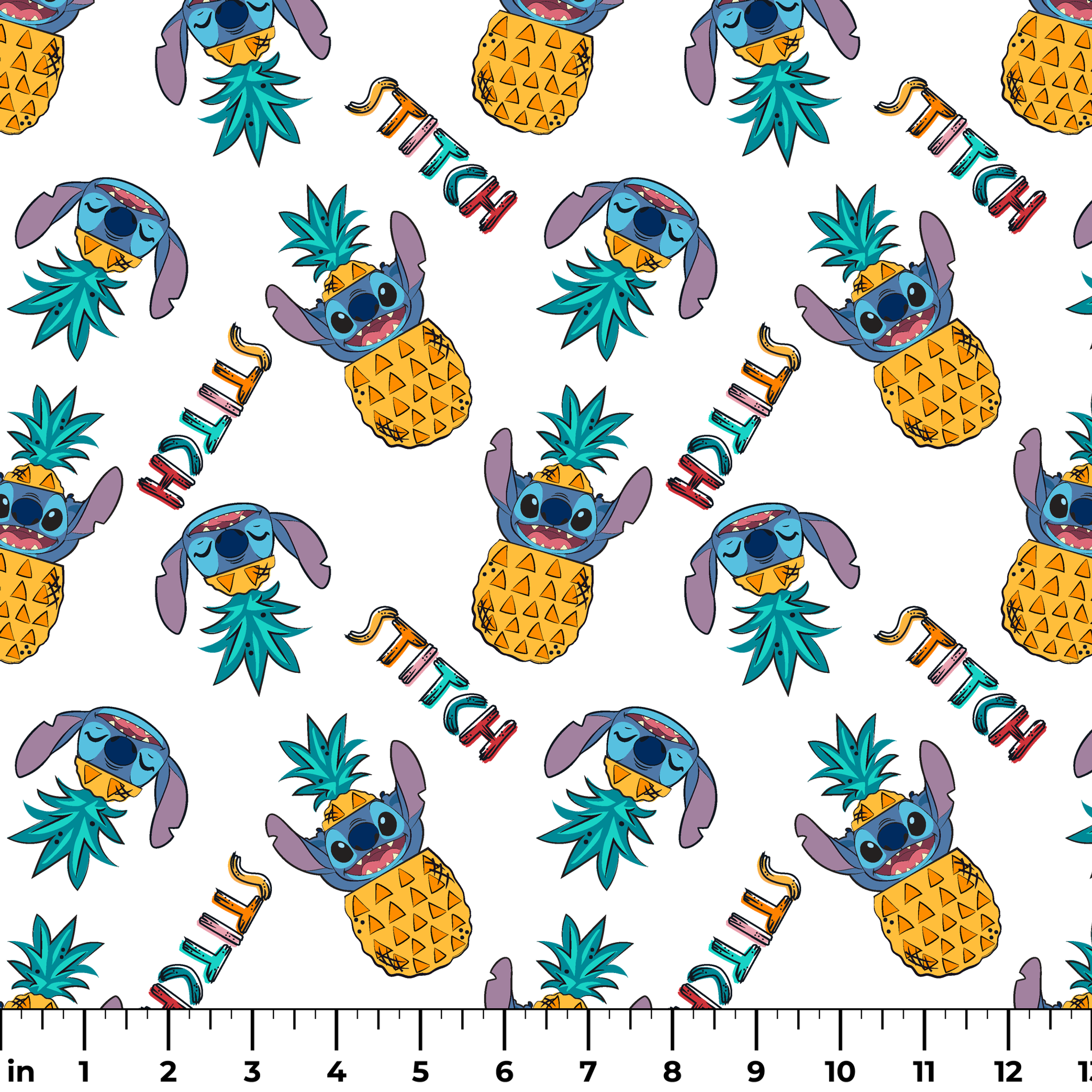 Colorful pattern of cartoon blue creatures with long ears inside pineapples, with "Stitch" text ruler