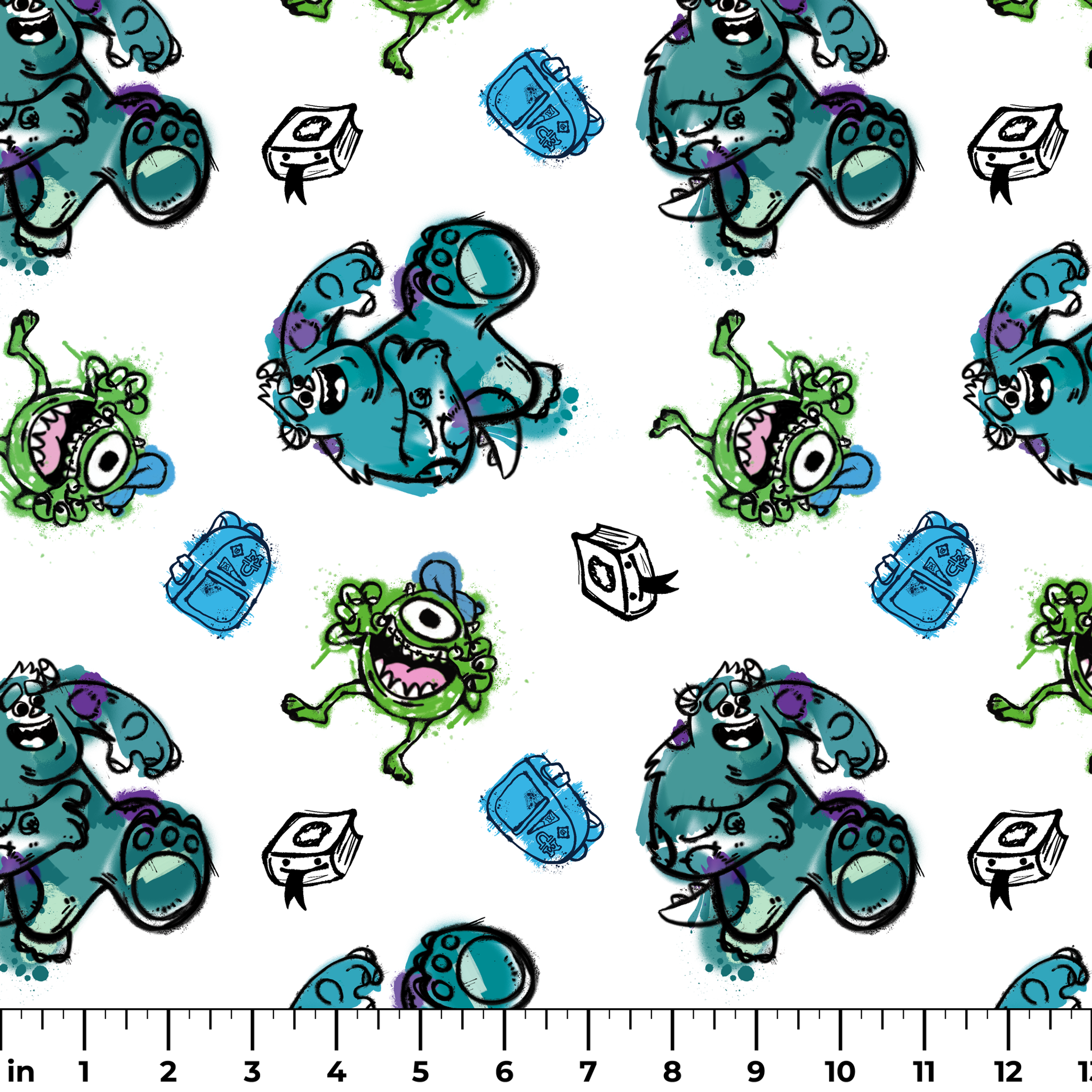 Colorful Monsters Inc pattern with turquoise, green creatures and small boxes on white background ruler