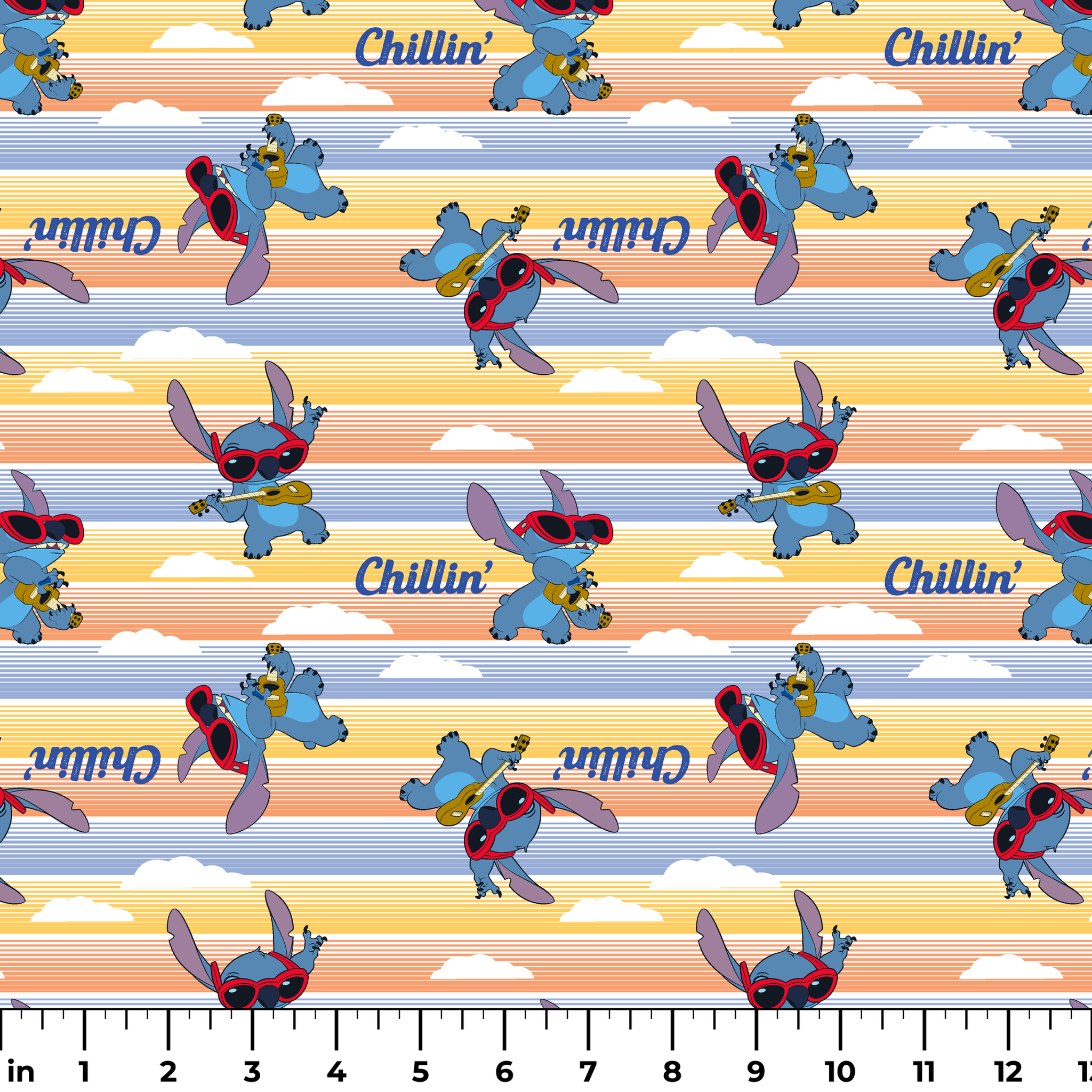Stitch cartoon character pattern on striped yellow and blue background with "Chillin'" text ruler
