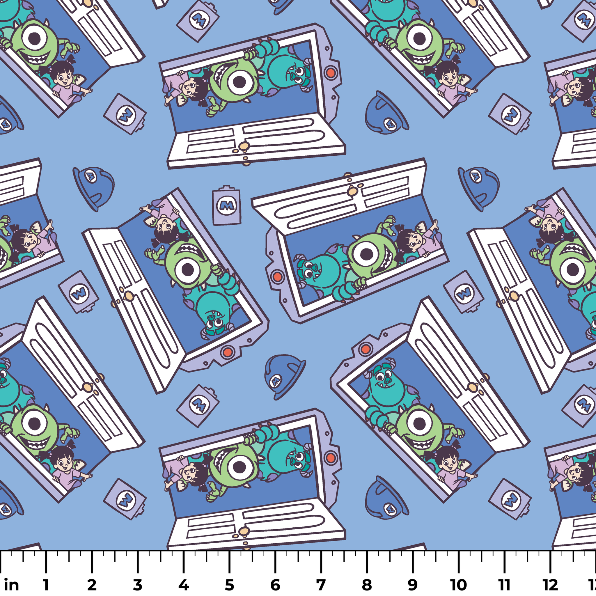 Monsters Inc characters Mike and Sully peeking through doorways on blue background pattern ruler