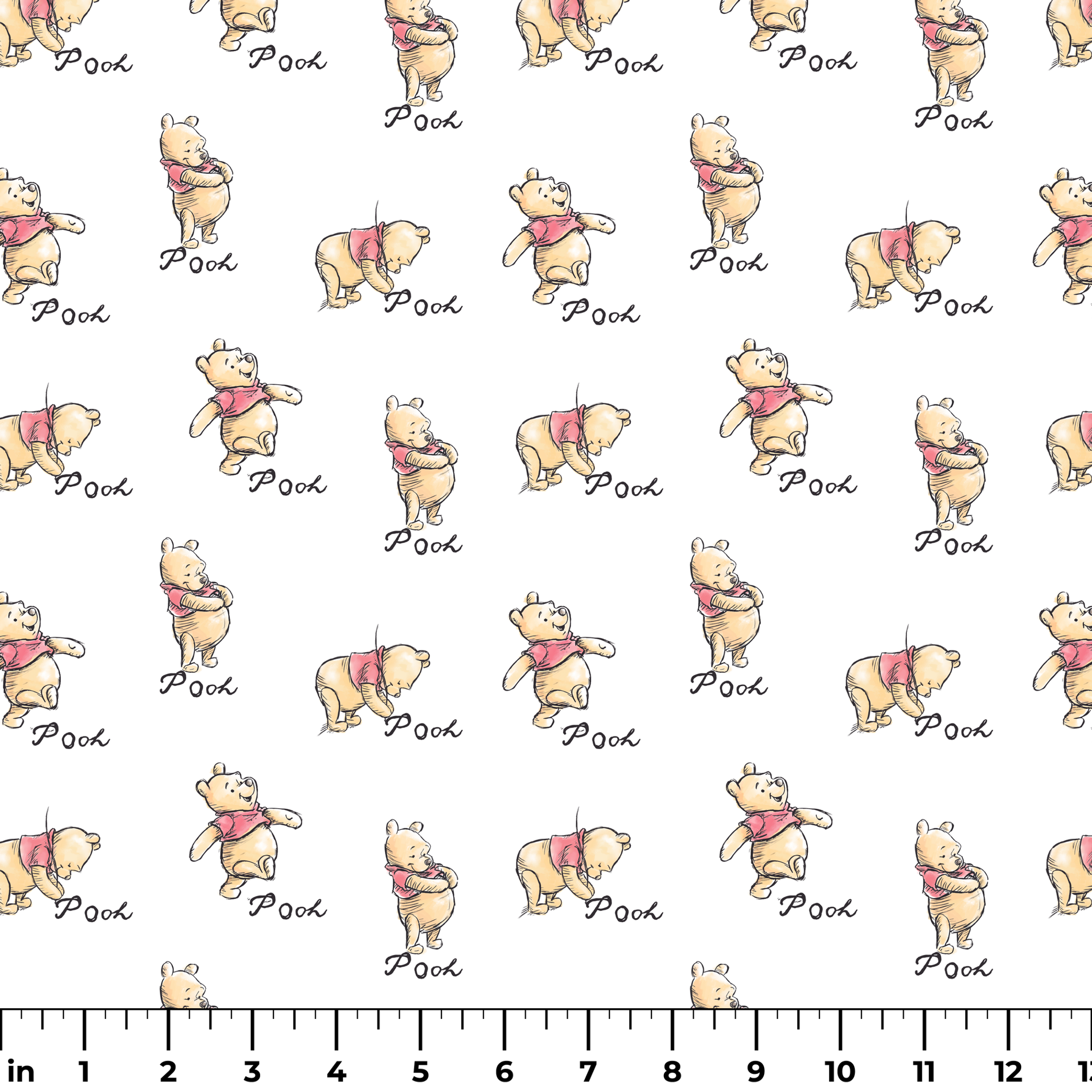 Winnie the Pooh pattern featuring cute yellow bears with red shirts in various poses, labeled "Pooh ruler
