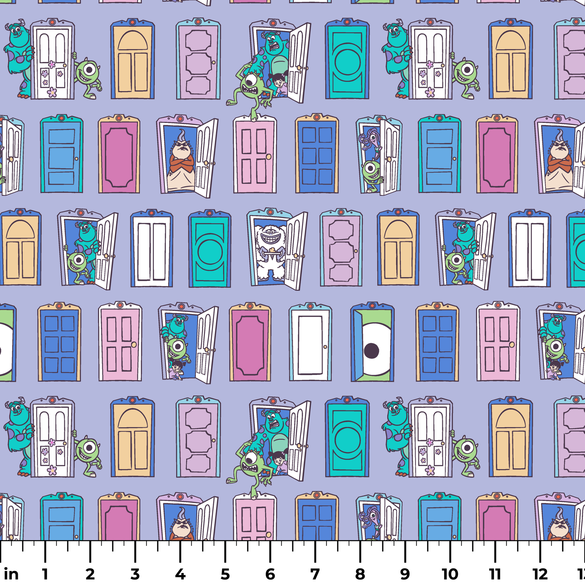 Colorful pattern of cartoon monster characters peeking through various doors in purple, blue, pink, and green on a lavender background. ruler