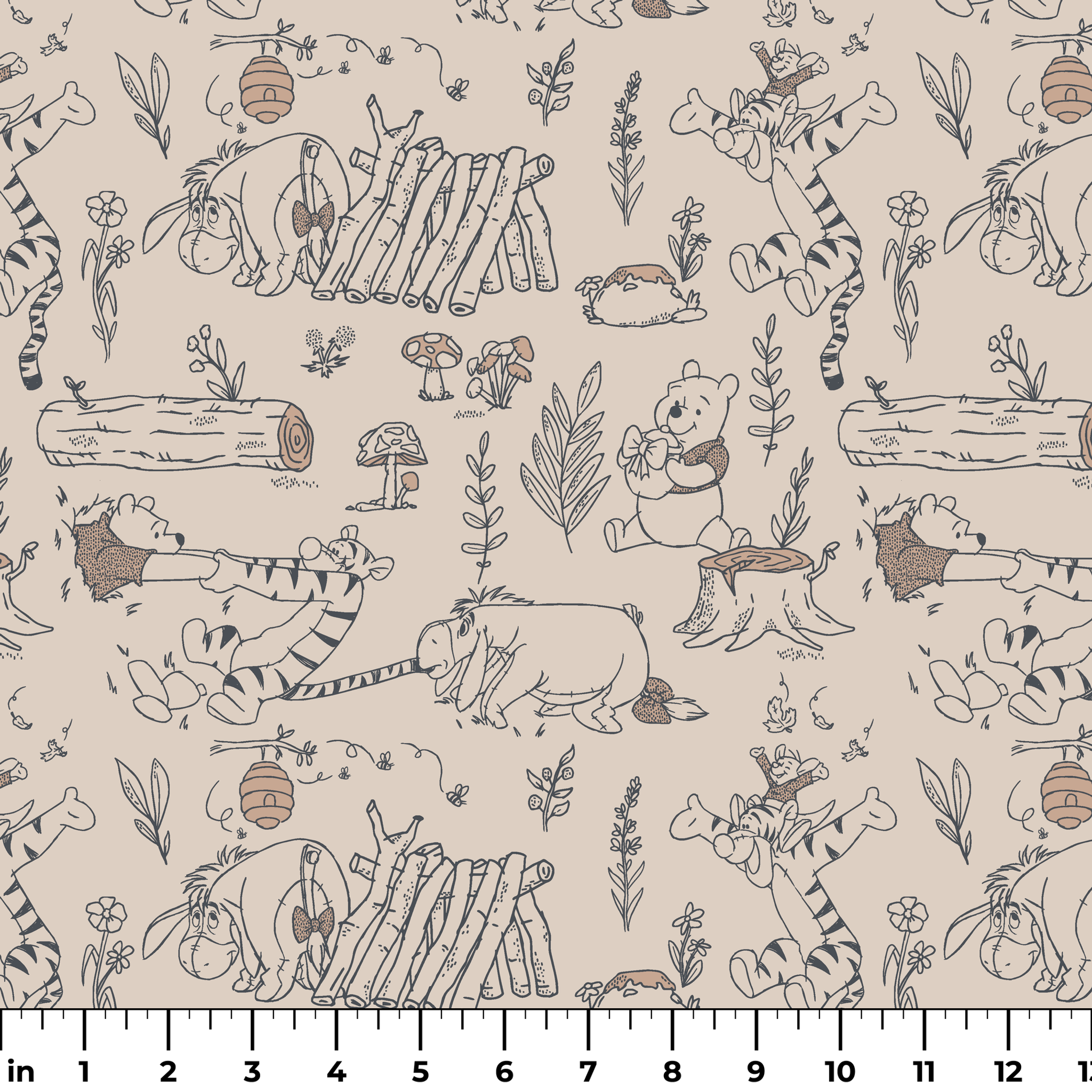 Whimsical illustrated pattern of woodland animals, logs, and plants in black line art on beige background ruler