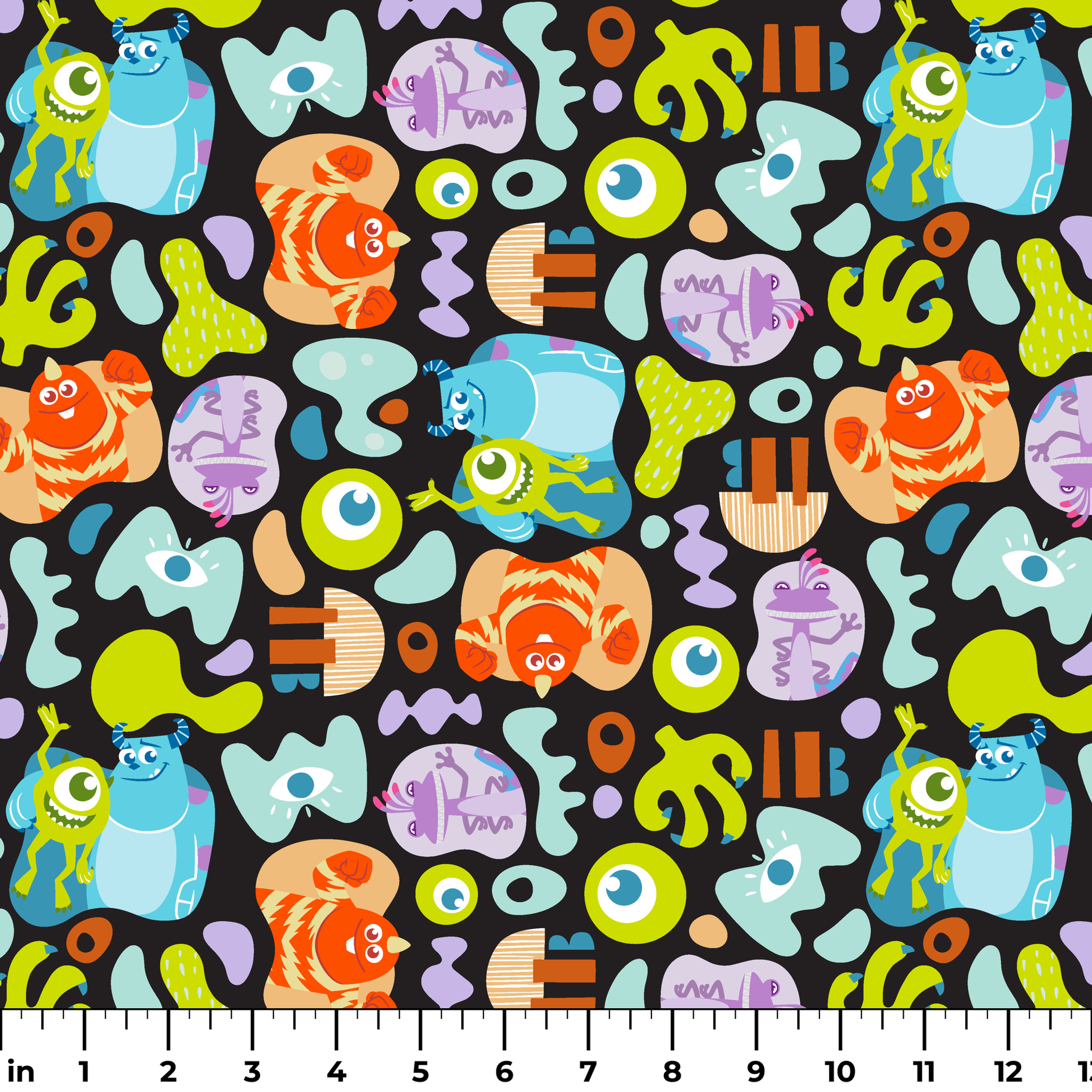 Colorful Monsters Inc pattern with Mike, Sulley and other characters on black background ruler