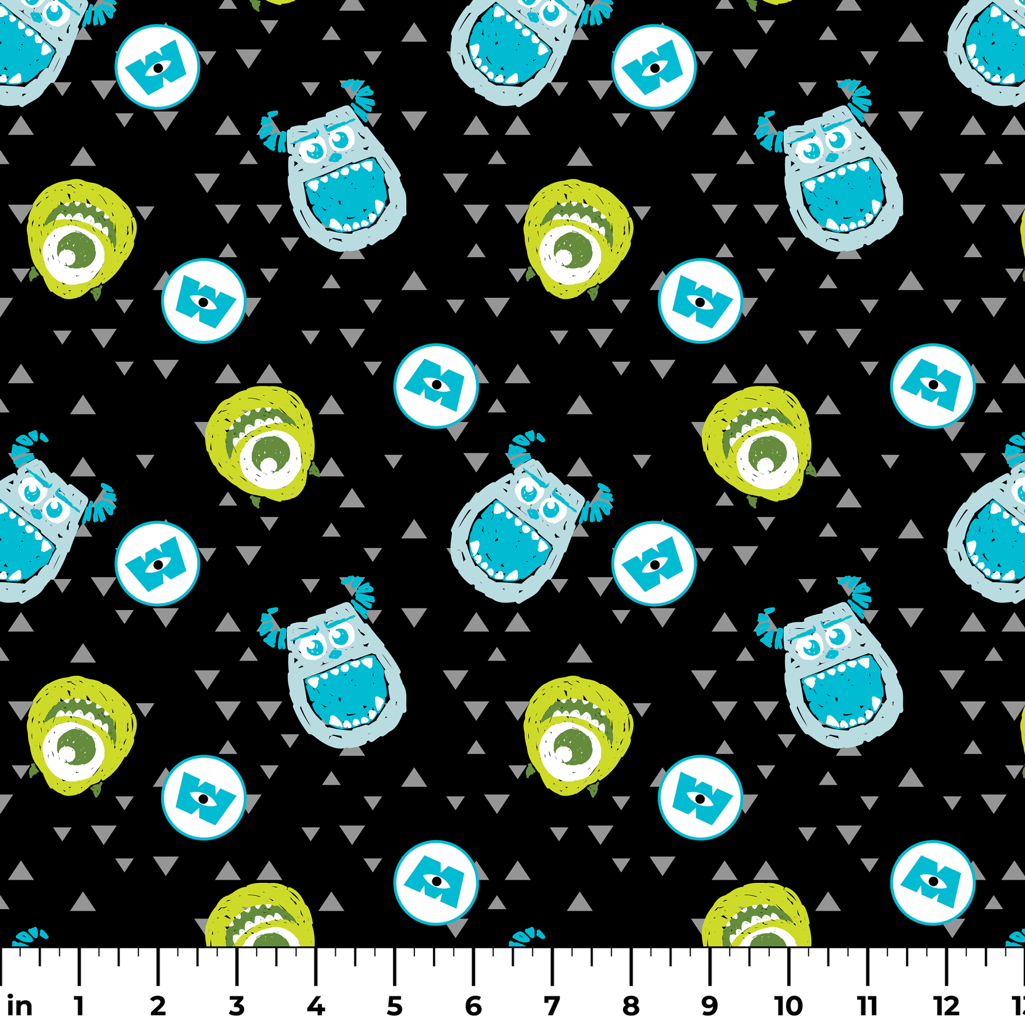 Monsters Inc pattern with Mike and Sulley on black background with gray triangles ruler
