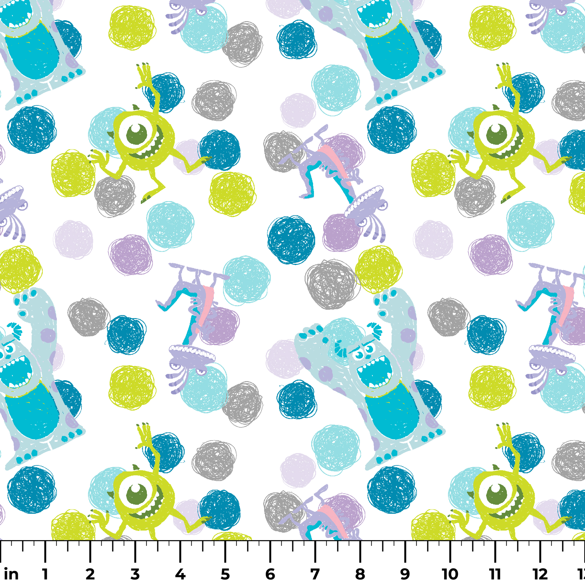 Colorful pattern featuring cartoon monsters with polka dots in blue, green, and purple on white background ruler