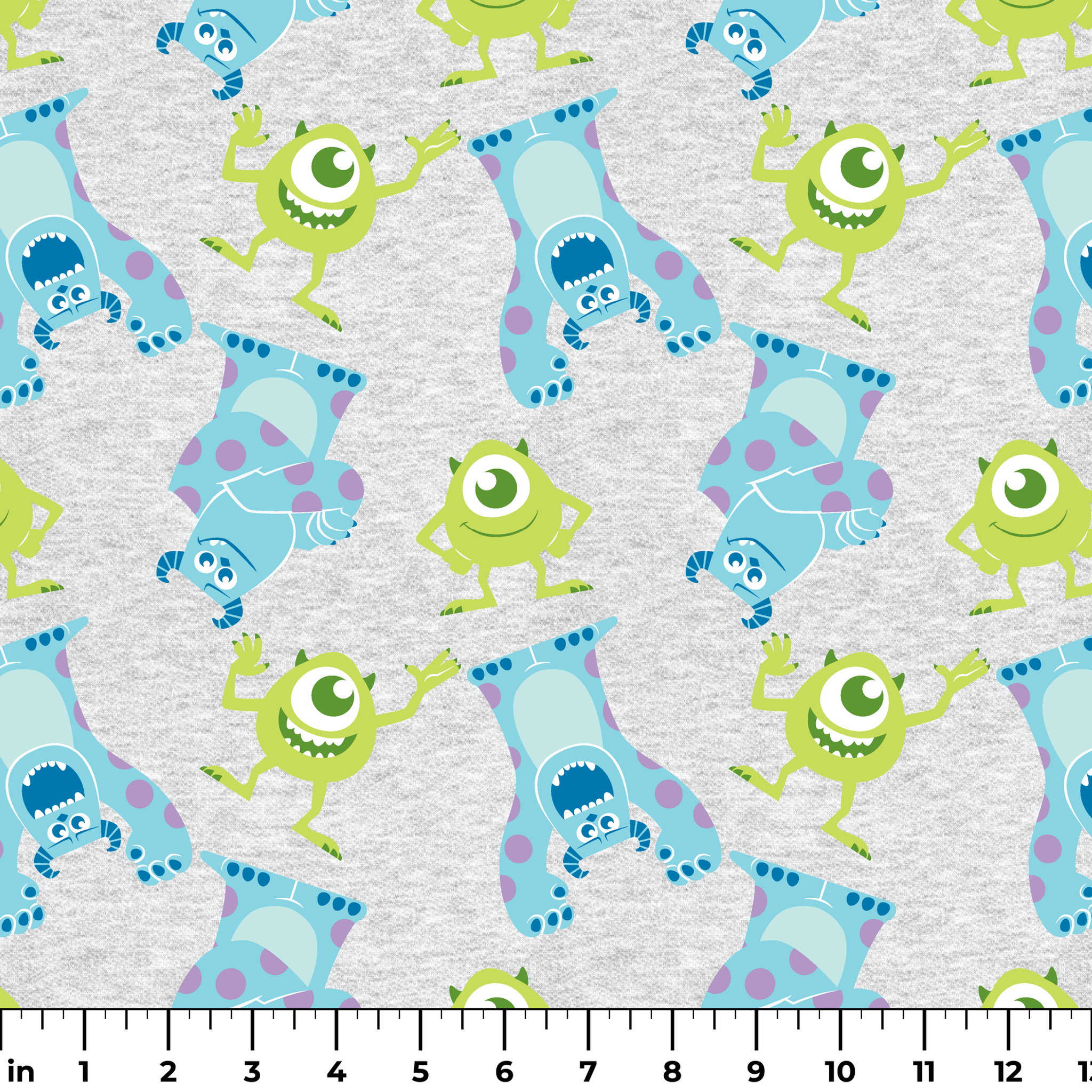 Cartoon pattern of Monsters Inc characters on light gray background ruler