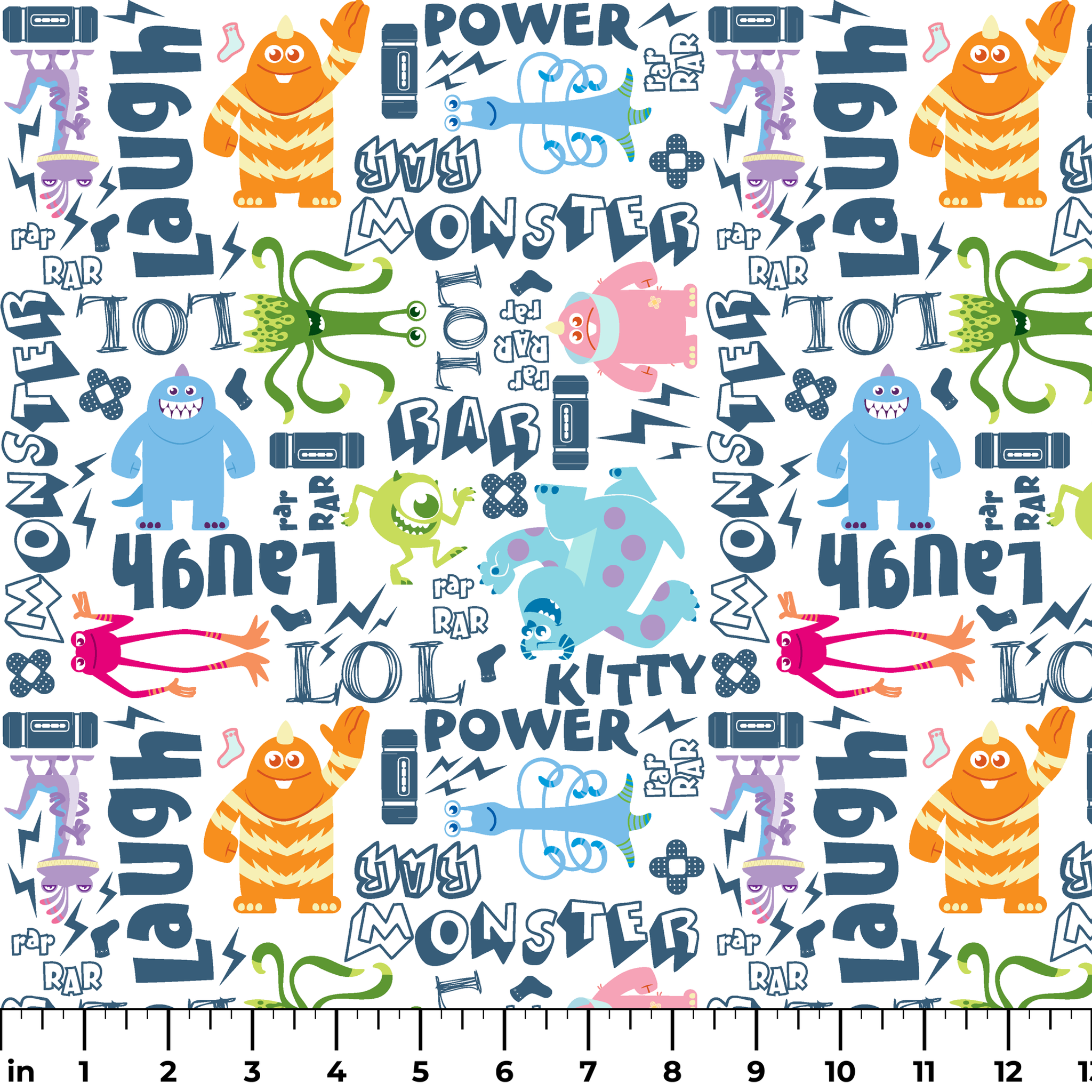 Colorful Monsters Inc doodle pattern with playful characters and text like "Laugh," "Power," and "Monster" in blue and vibrant colors. ruler