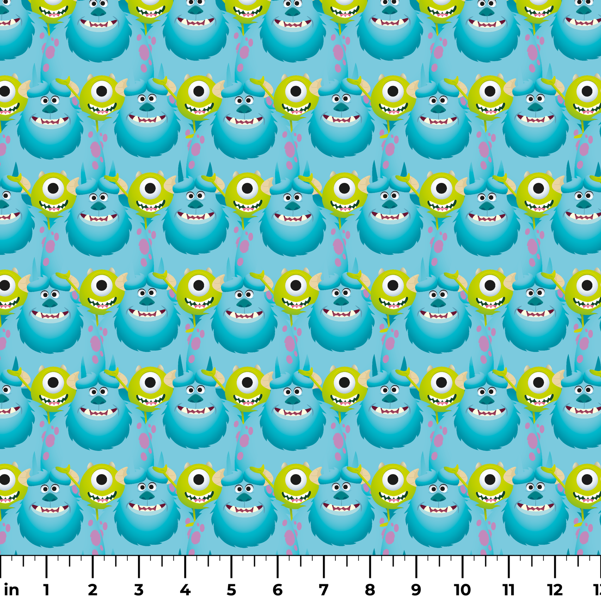 Repeating pattern of Monsters Inc characteres - Mike & Sulley on light blue background. ruler