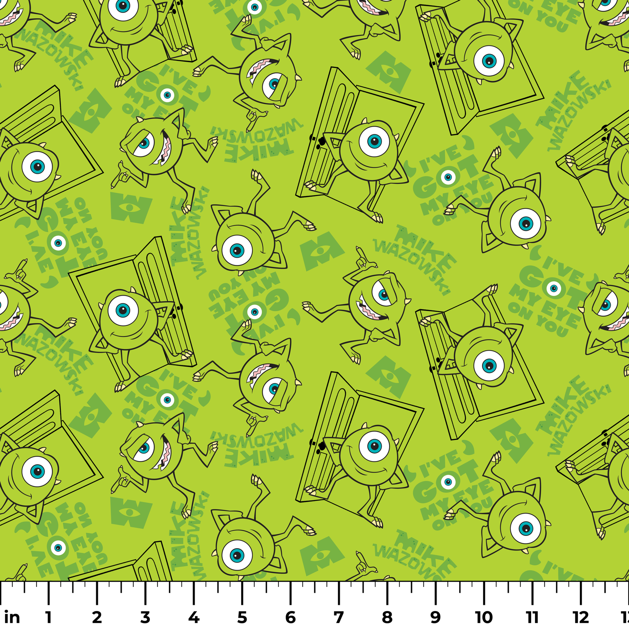 Green background with repeating Mike Wazowski in black outlines. ruler