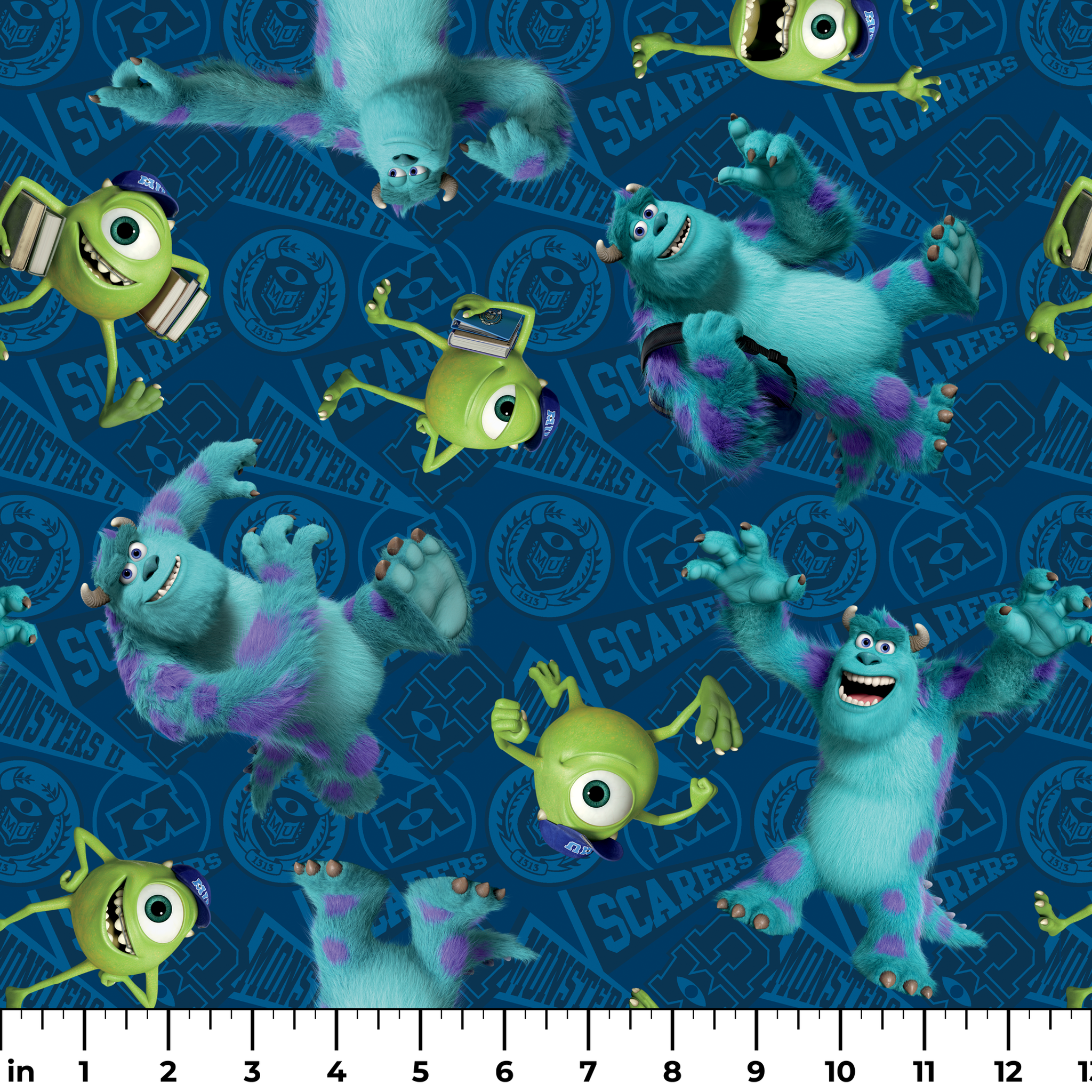 Monsters Inc characters pattern with Mike Wazowski and Sully on blue background ruler