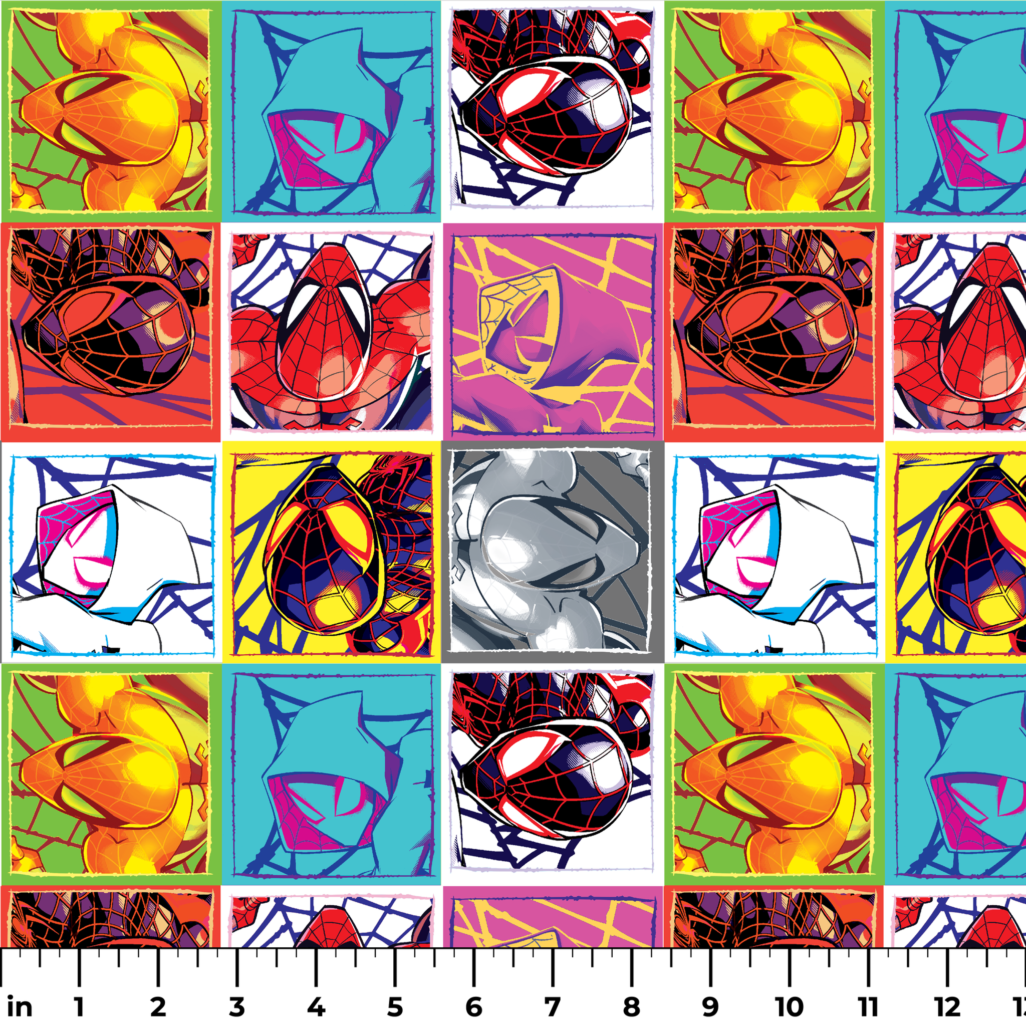 Colorful pop art grid of nine Spiderman designs in vibrant color schemes ruler