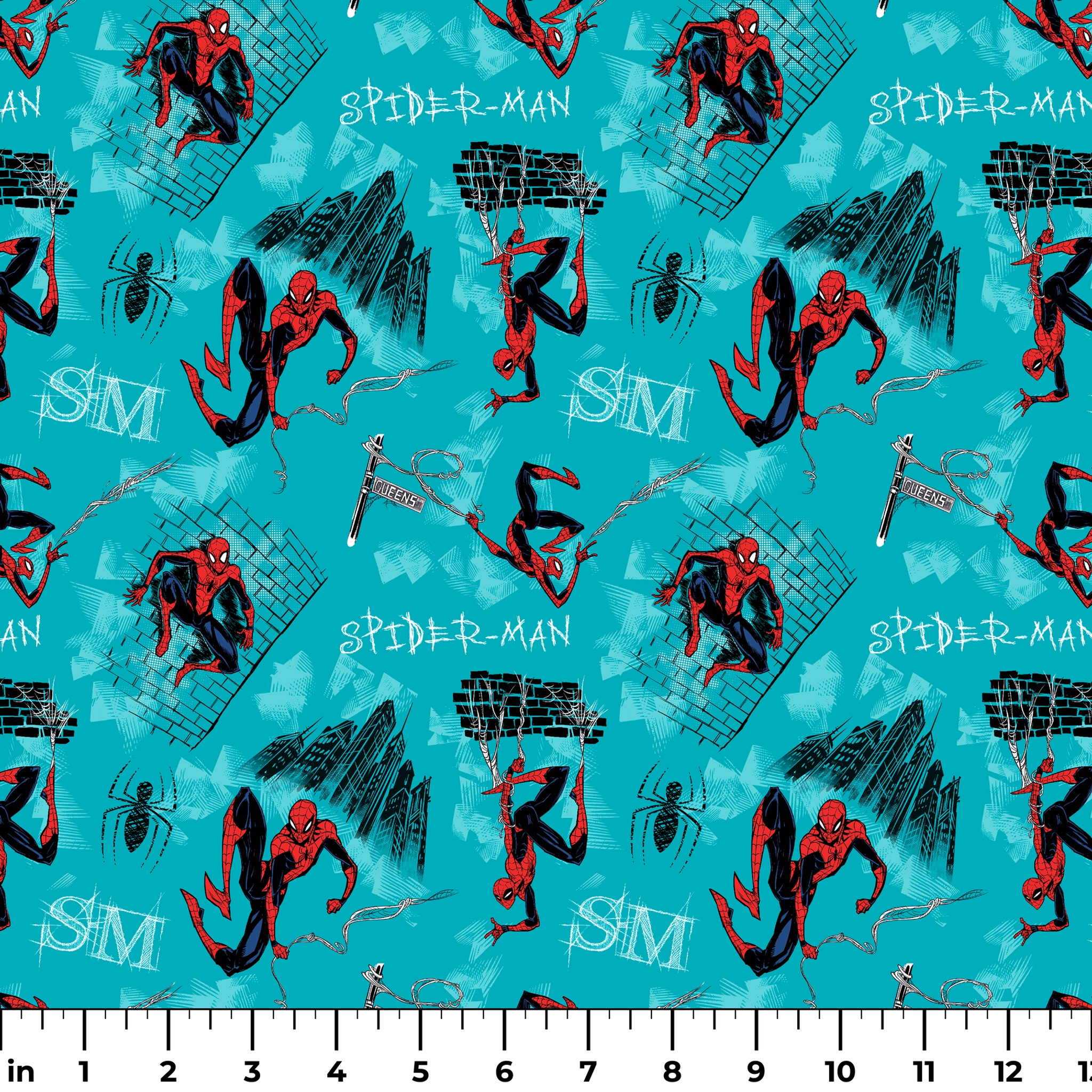 Spider-Man pattern on turquoise background with multiple poses, web designs, and logos ruler