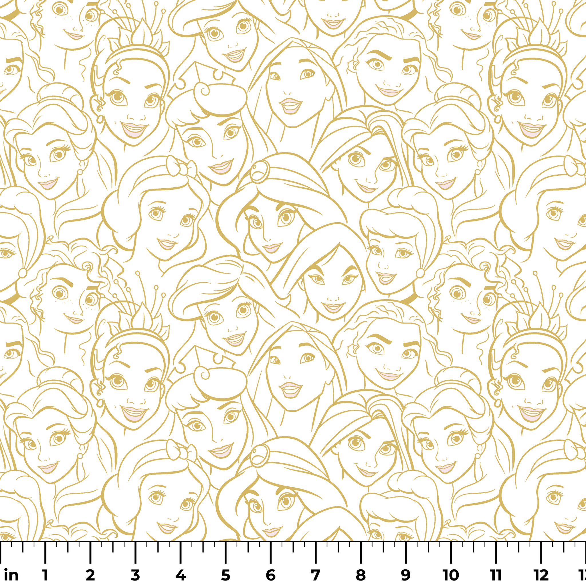 Golden line art of Disney princesses in an overlapping collage pattern with expressive facial features. ruler