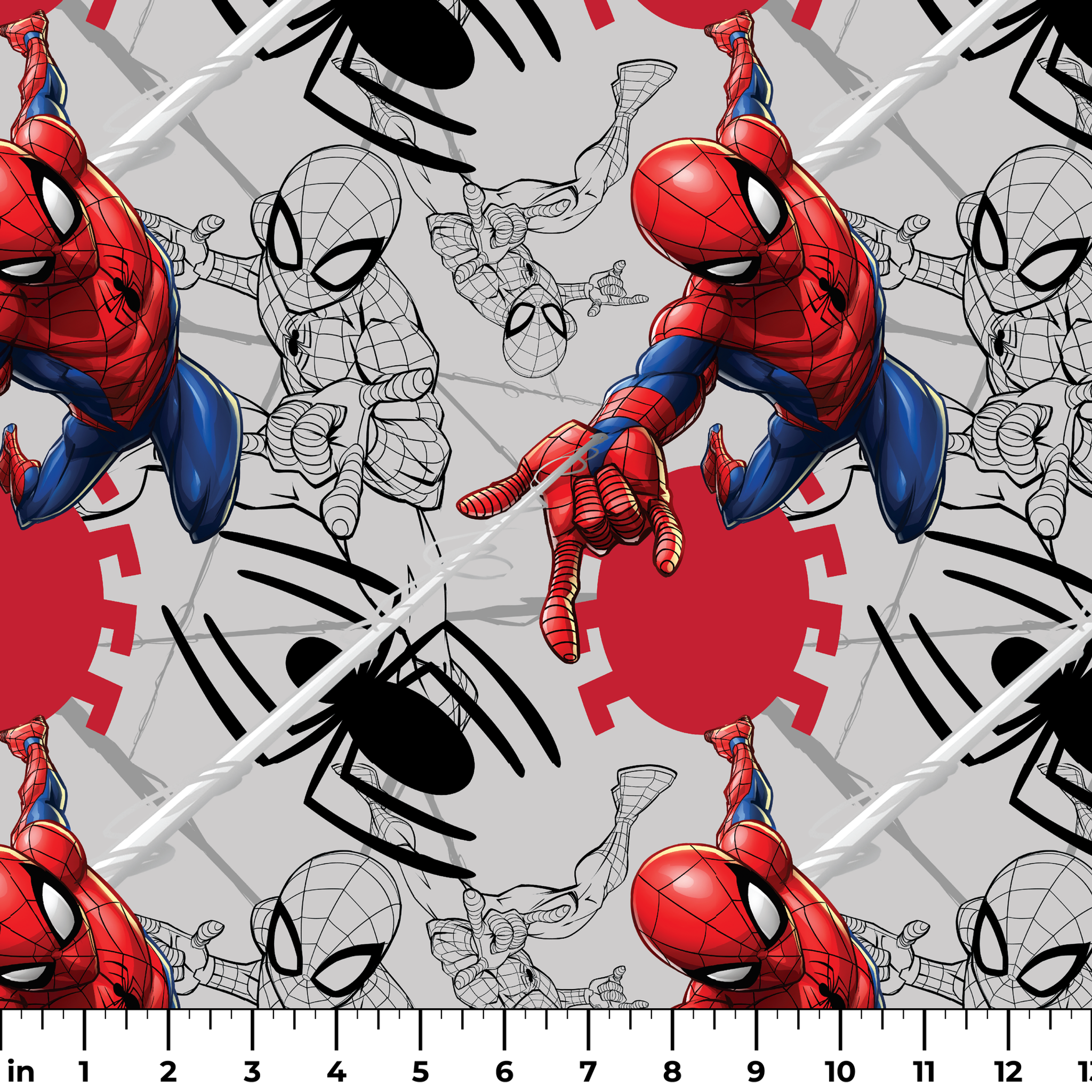 Spider-Man in various poses, including colored and line art illustrations on a red and gray background ruler