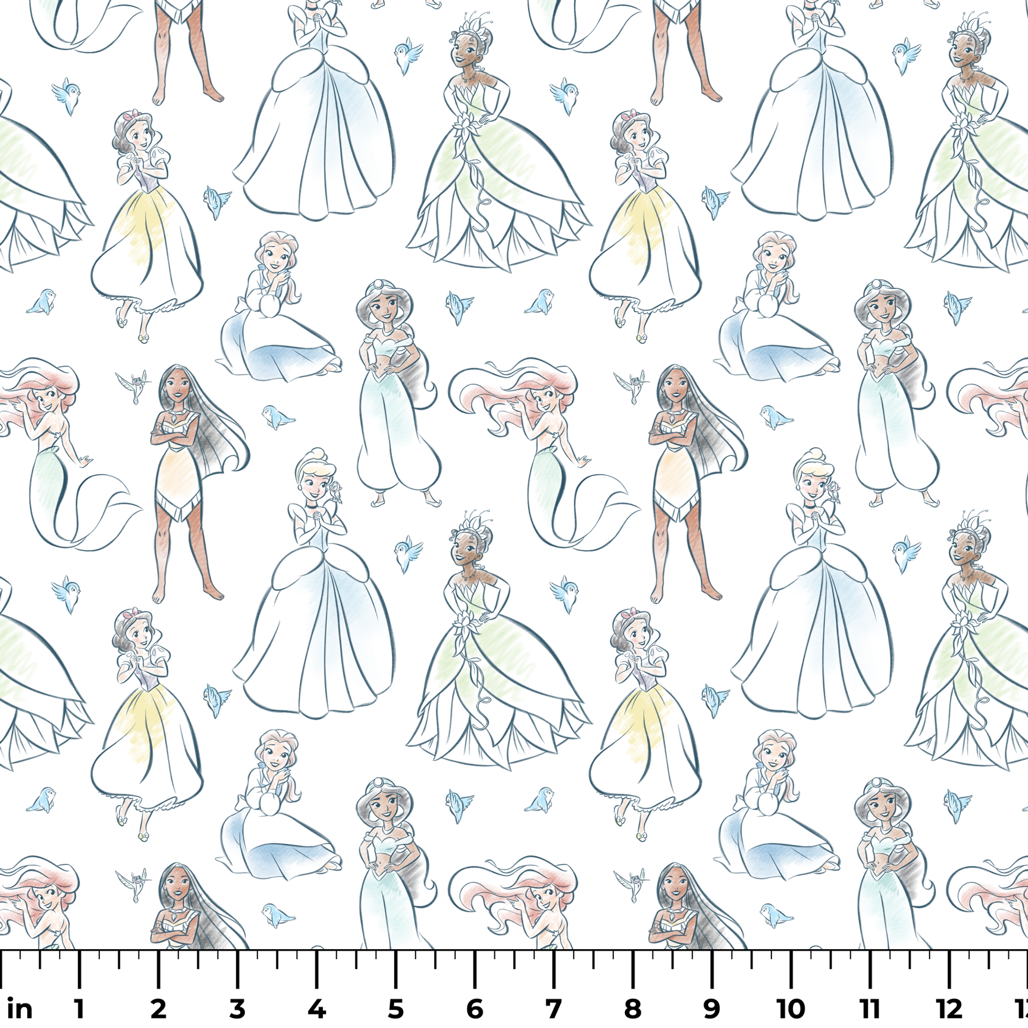 Illustrated pattern of Disney princesses in elegant dresses with sparkles on light background ruler