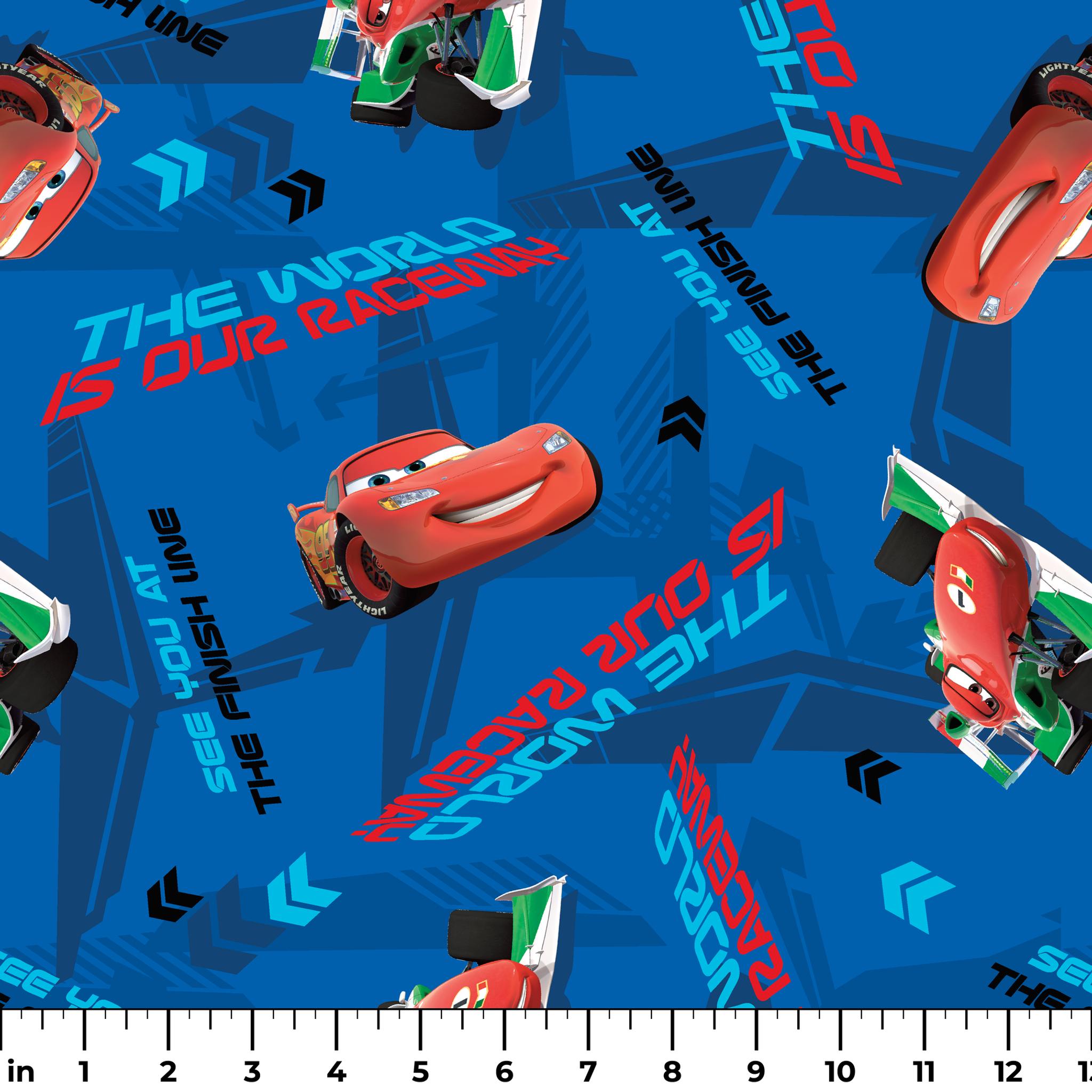 Blue fabric pattern with animated red race cars, "The World of Cars" text, and directional arrow designs ruler