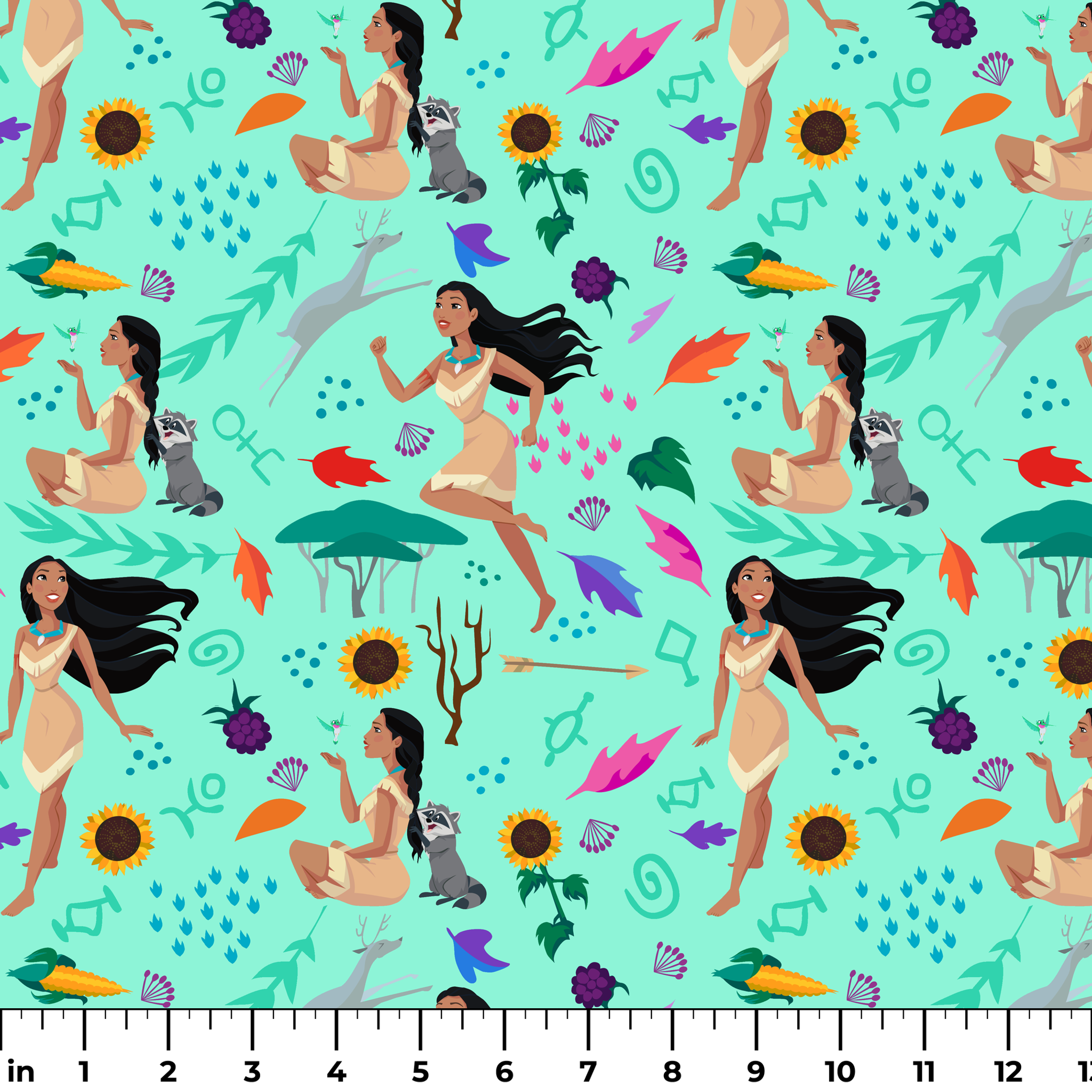 Colorful pattern with figures in nature motifs featuring sunflowers, leaves, and flowing design elements on turquoise background ruler