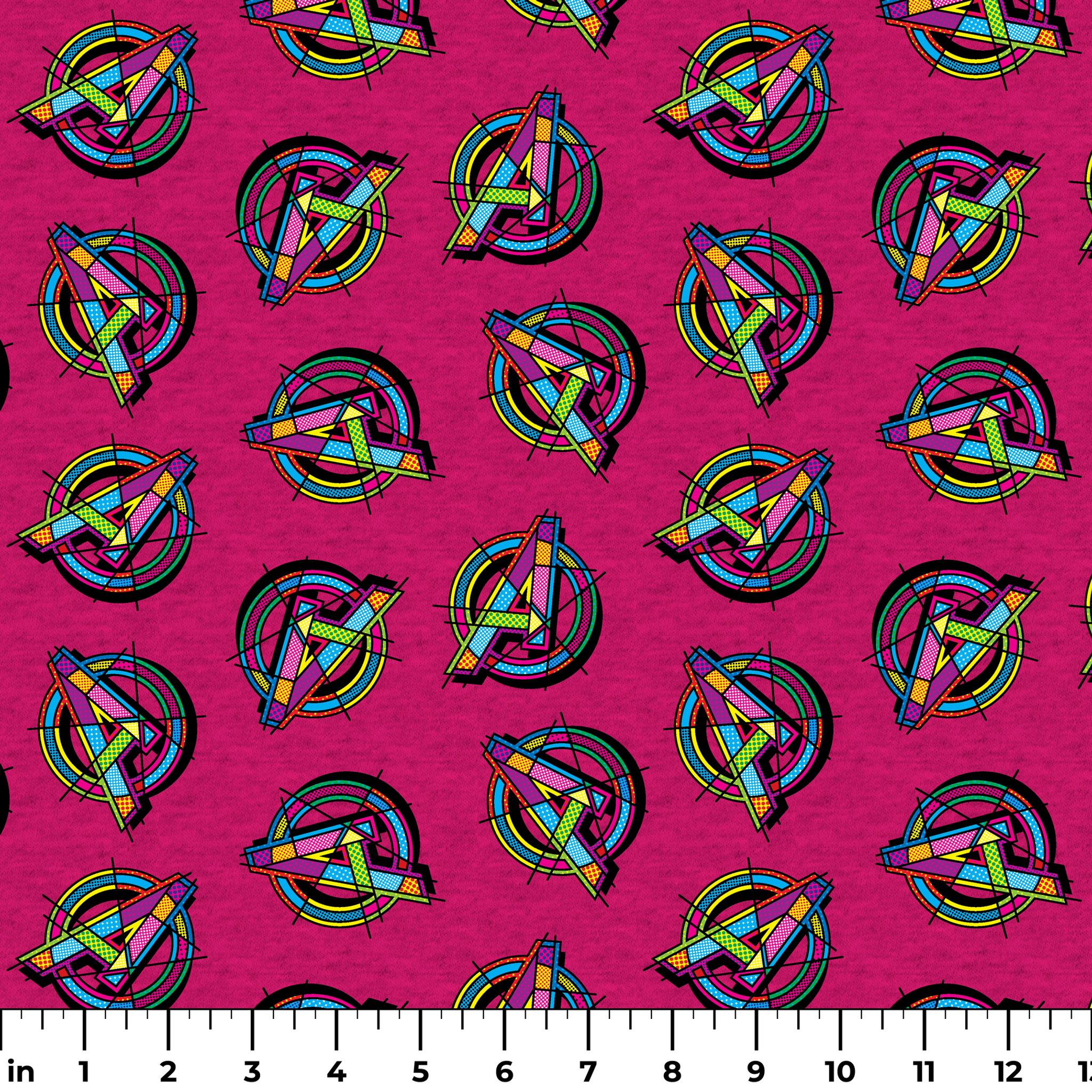 Vibrant Avengers pattern in neon colors on magenta background ruler