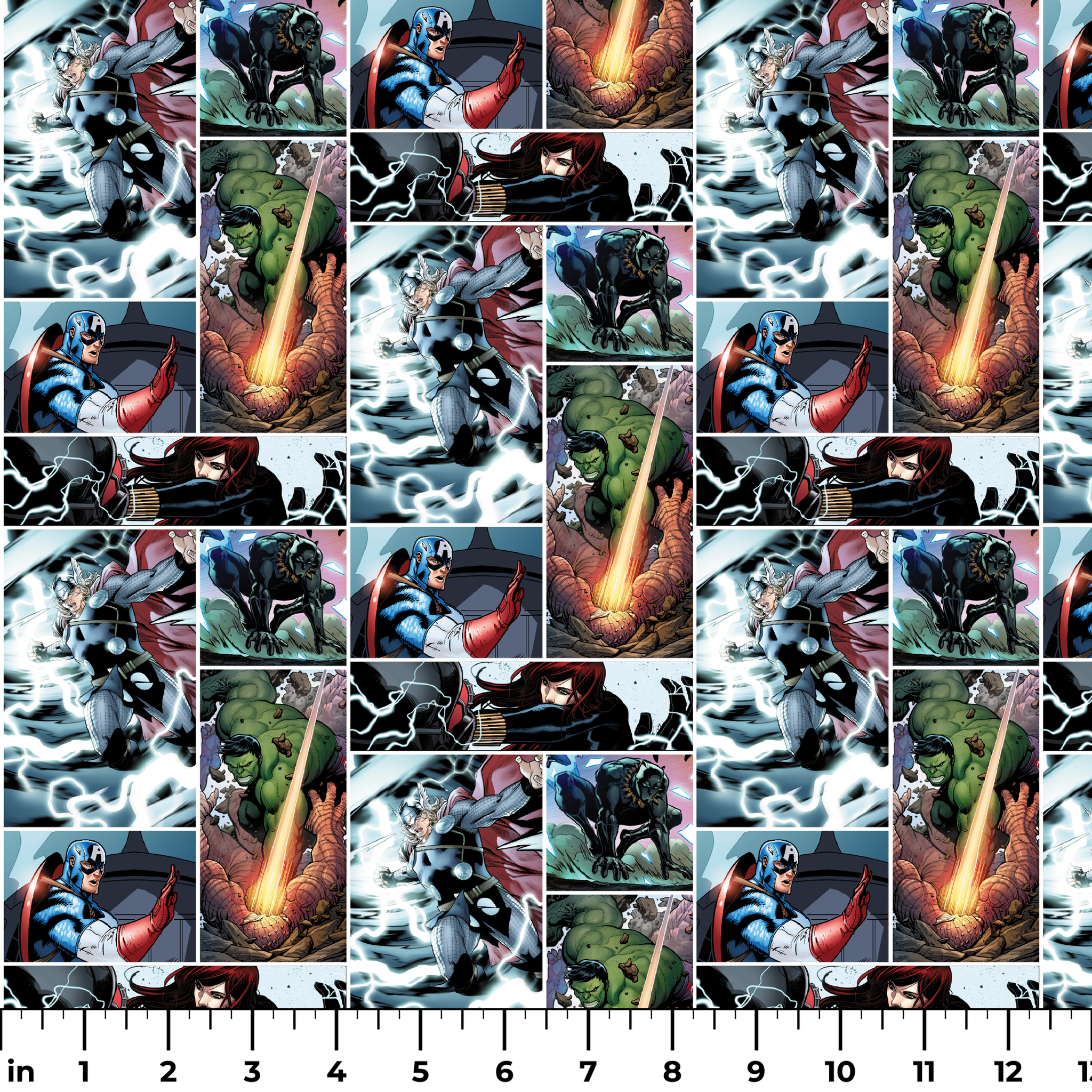 Comic book collage featuring Thor with lightning, Captain America with shield, Hulk, and various Marvel superheroes in action scenes ruler