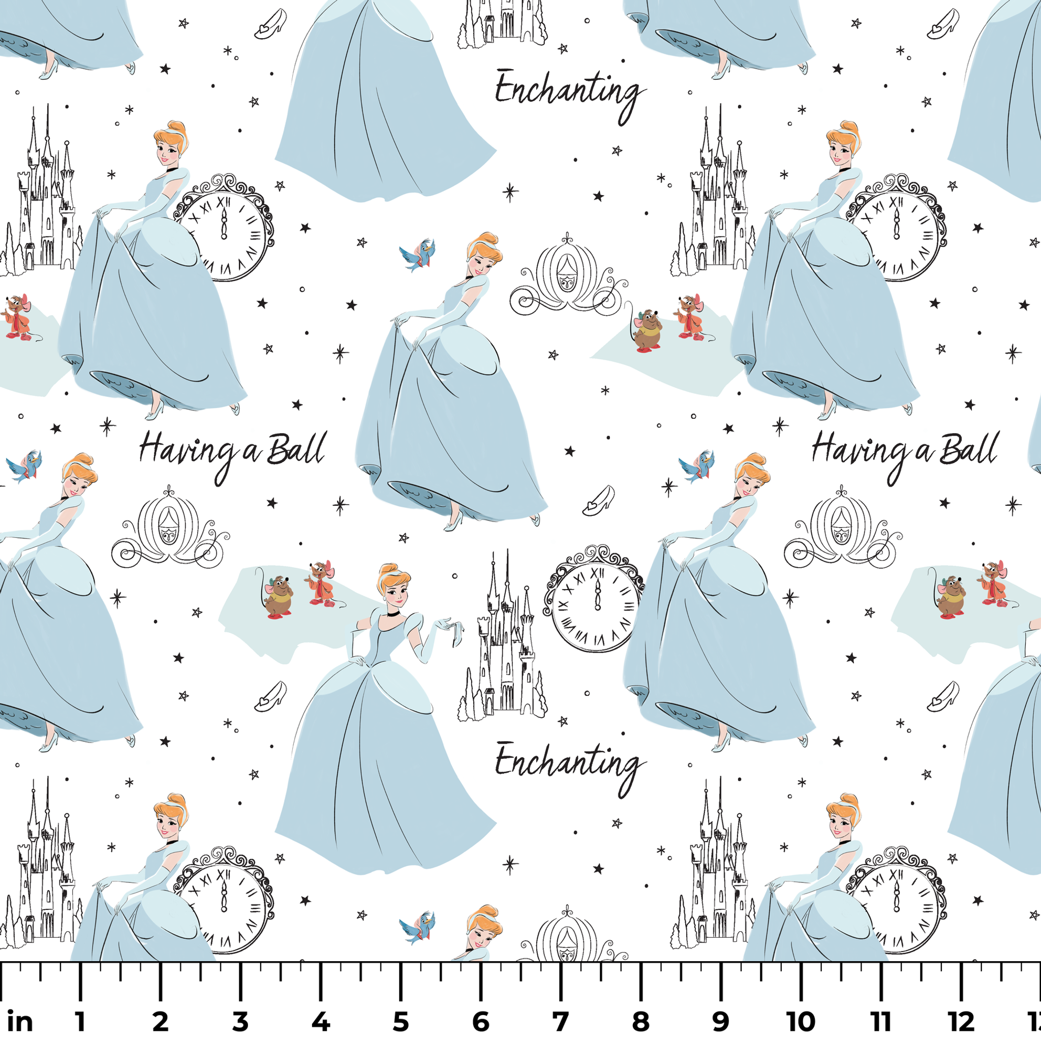 Whimsical pattern featuring cartoon princess in blue gown, clocks, castles, carriages and "Enchanting" text on white background ruler