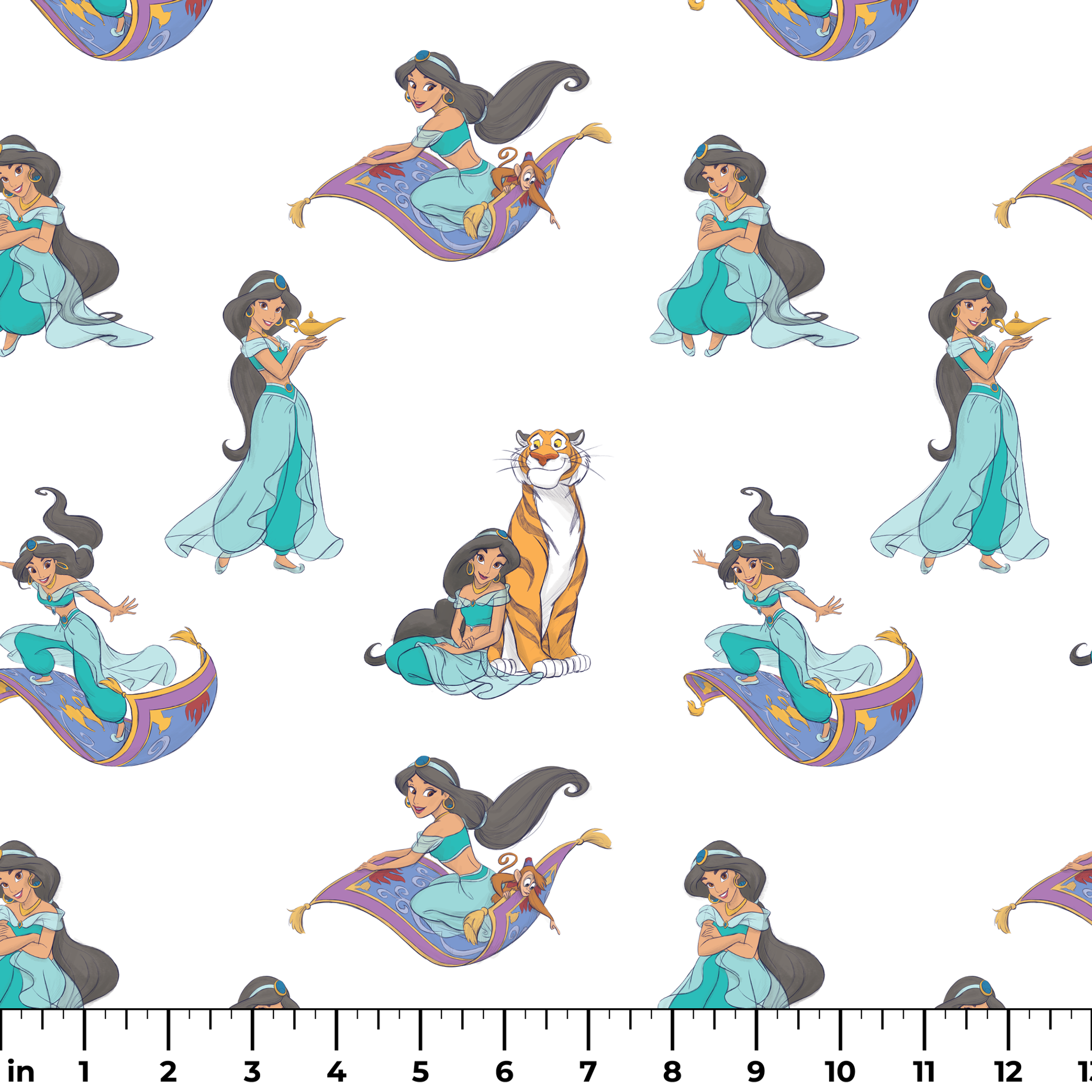 Cartoon pattern featuring a princess in teal outfit with long black hair in various poses with a magic carpet and tiger ruler