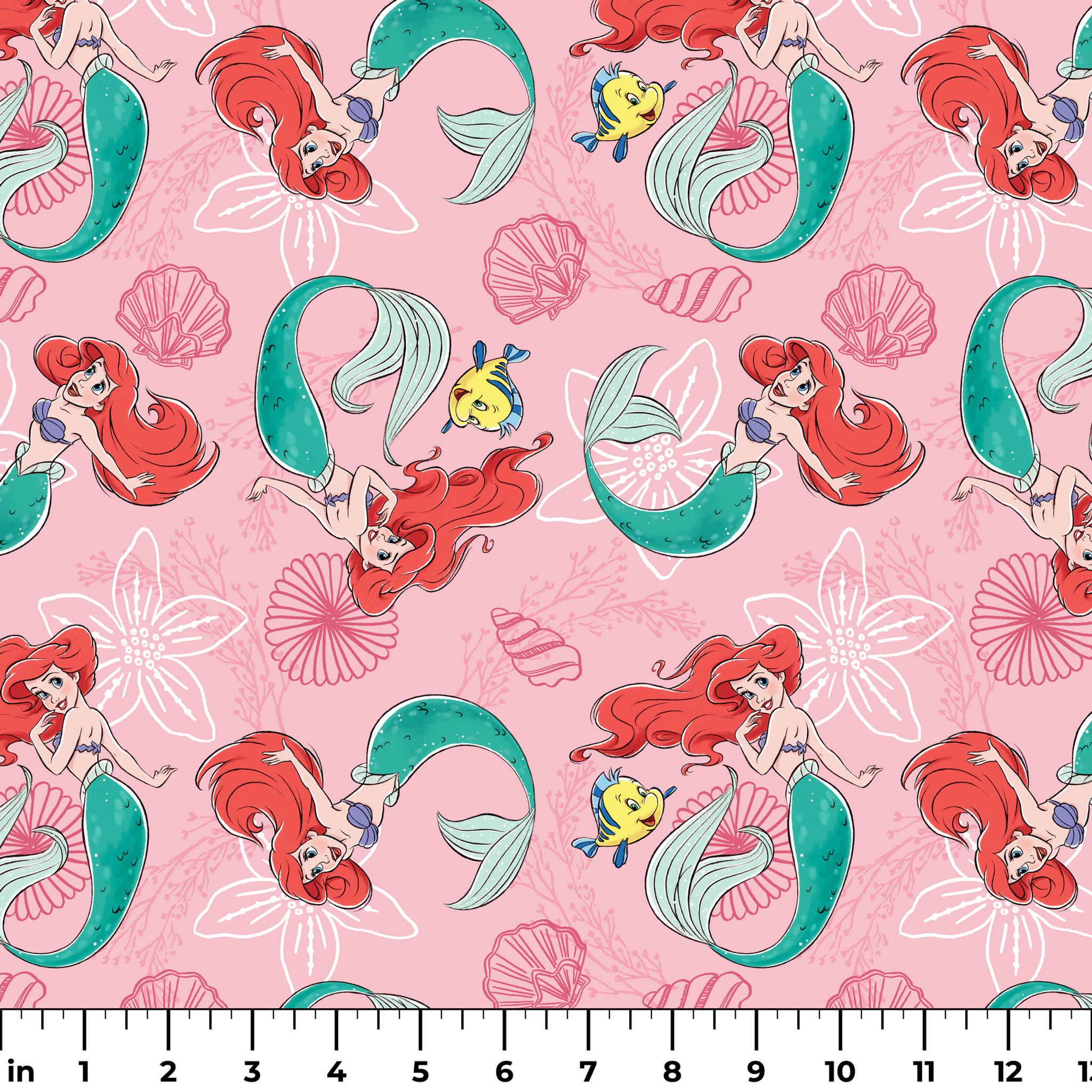 Illustrated pattern of mermaids with red hair and green tails swimming with yellow fish on pink seashell background ruler