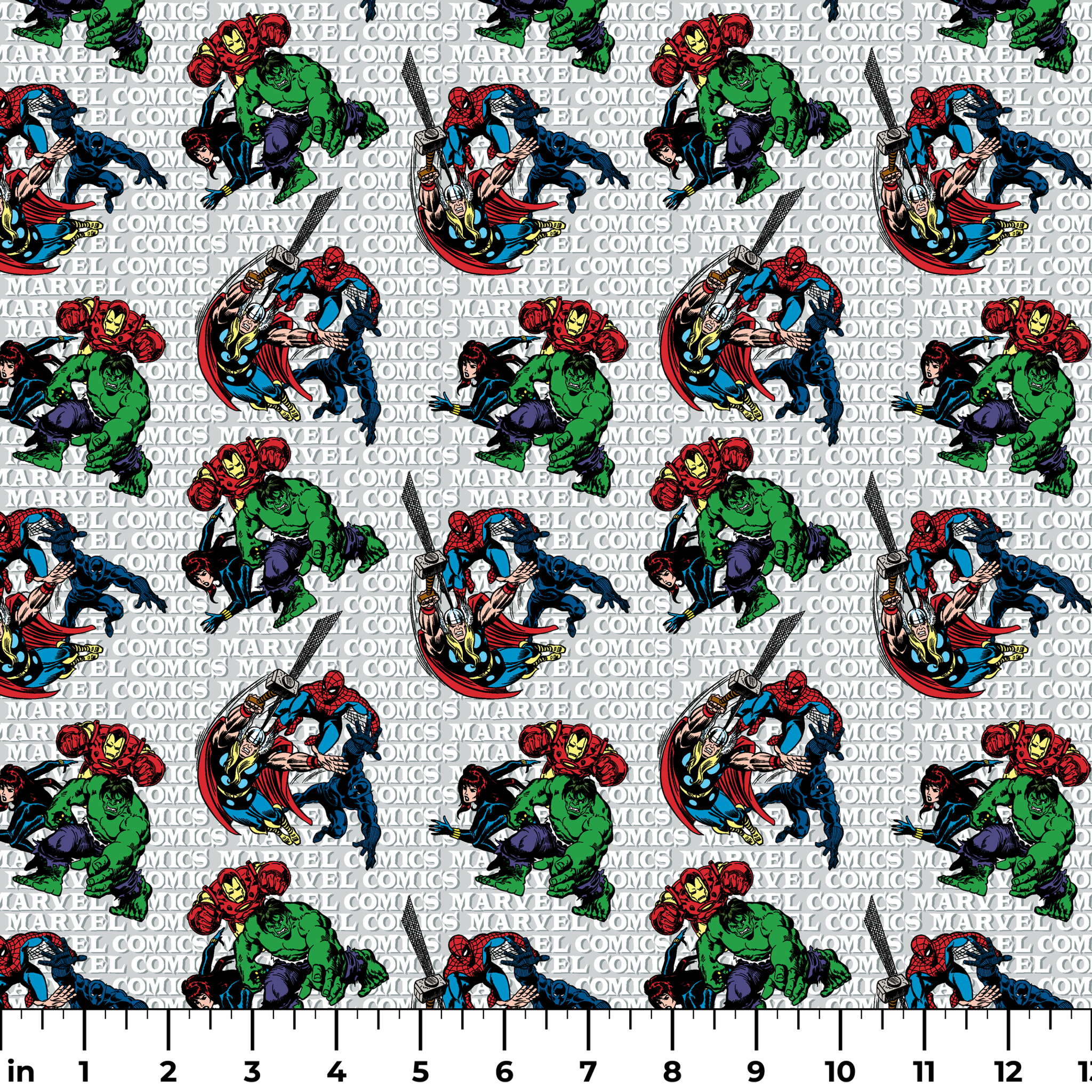 Marvel Comics superheroes pattern with Hulk, Iron Man, Captain America, and Spider-Man on a repeating text background. ruler