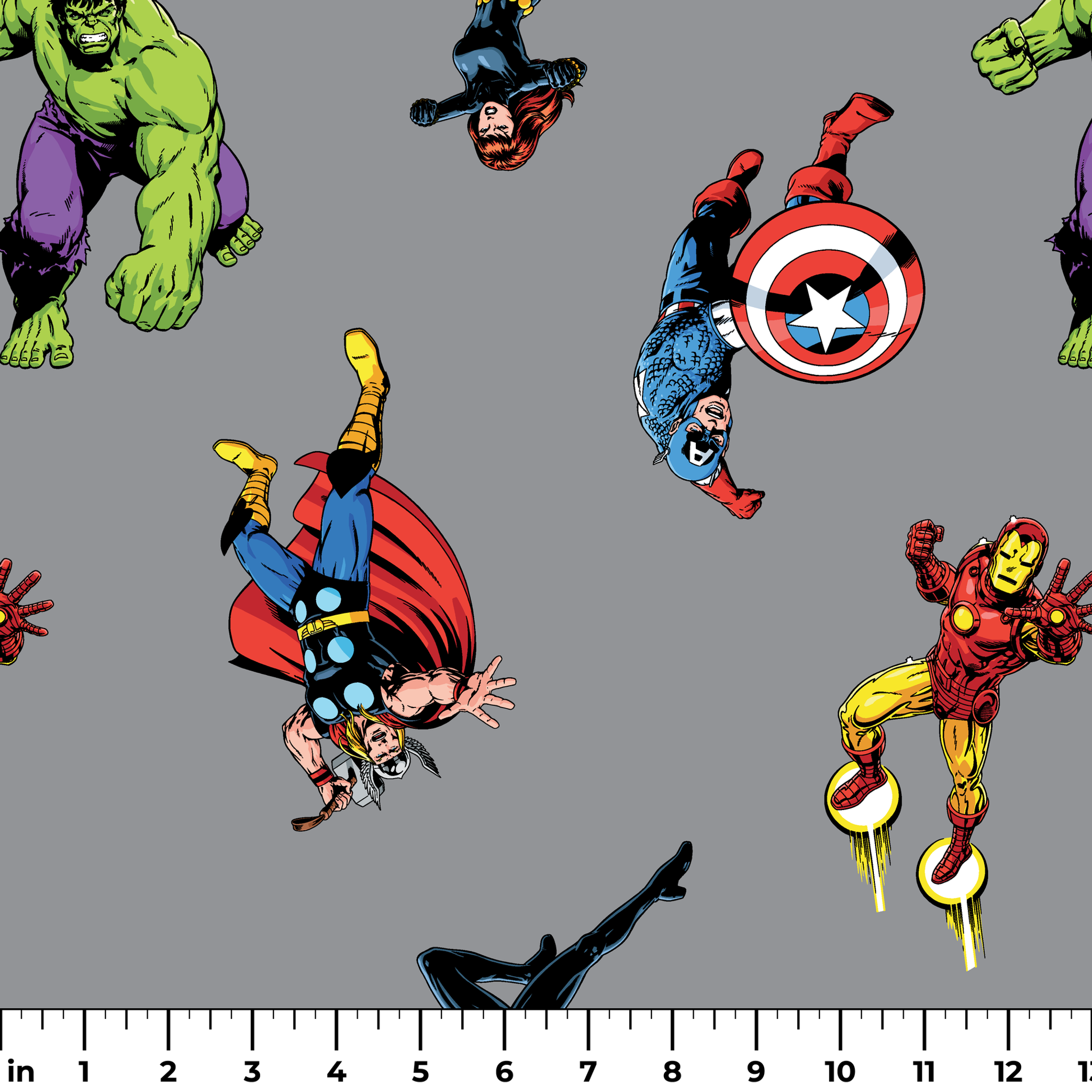 Marvel superheroes pattern with Hulk, Thor, Captain America, and Iron Man on gray background ruler