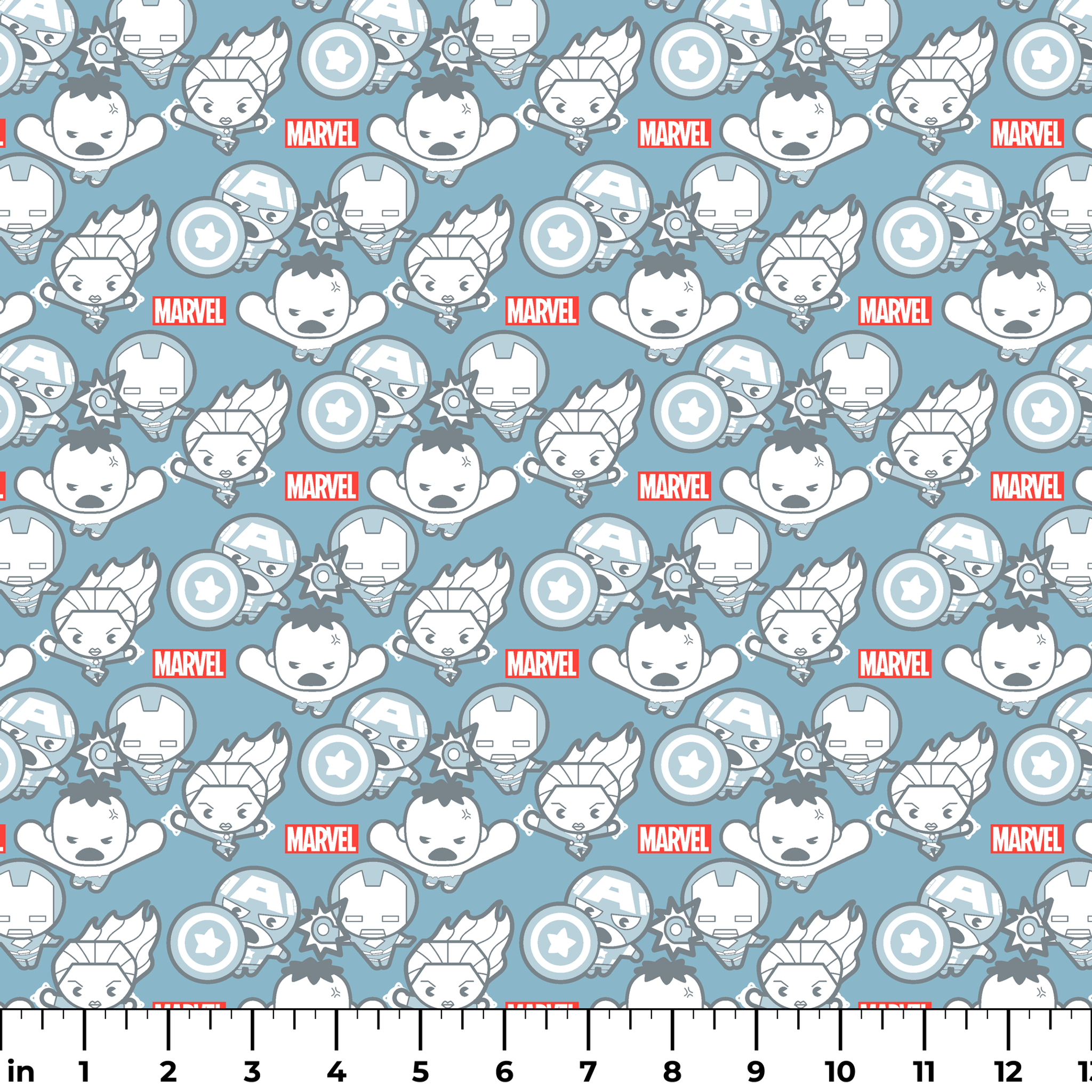 Marvel kawaii superhero pattern with cartoon characters, shields, and gear symbols on blue background ruler