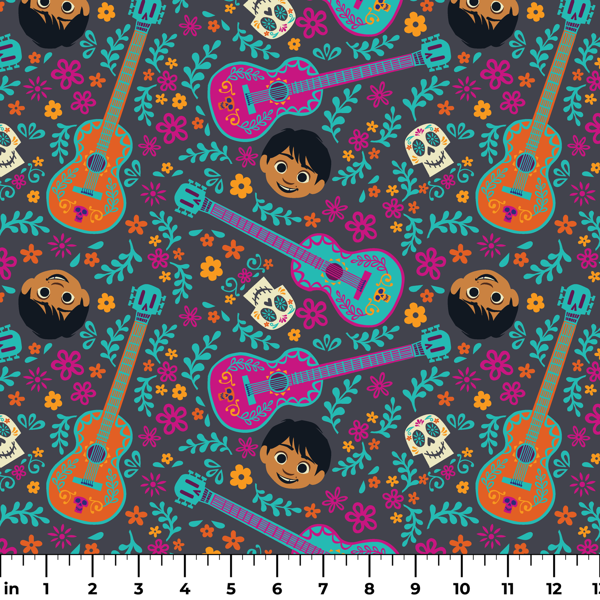 Colorful Coco pattern with decorative guitars, sugar skulls, cartoon characters, and floral elements on teal background. ruler