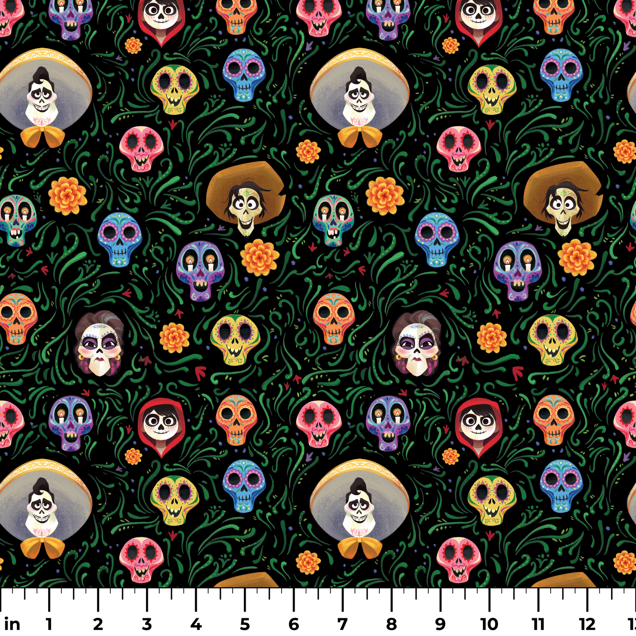 Colorful Coco stylized sugar skulls with sombreros scattered among green vines and orange flowers on black background ruler