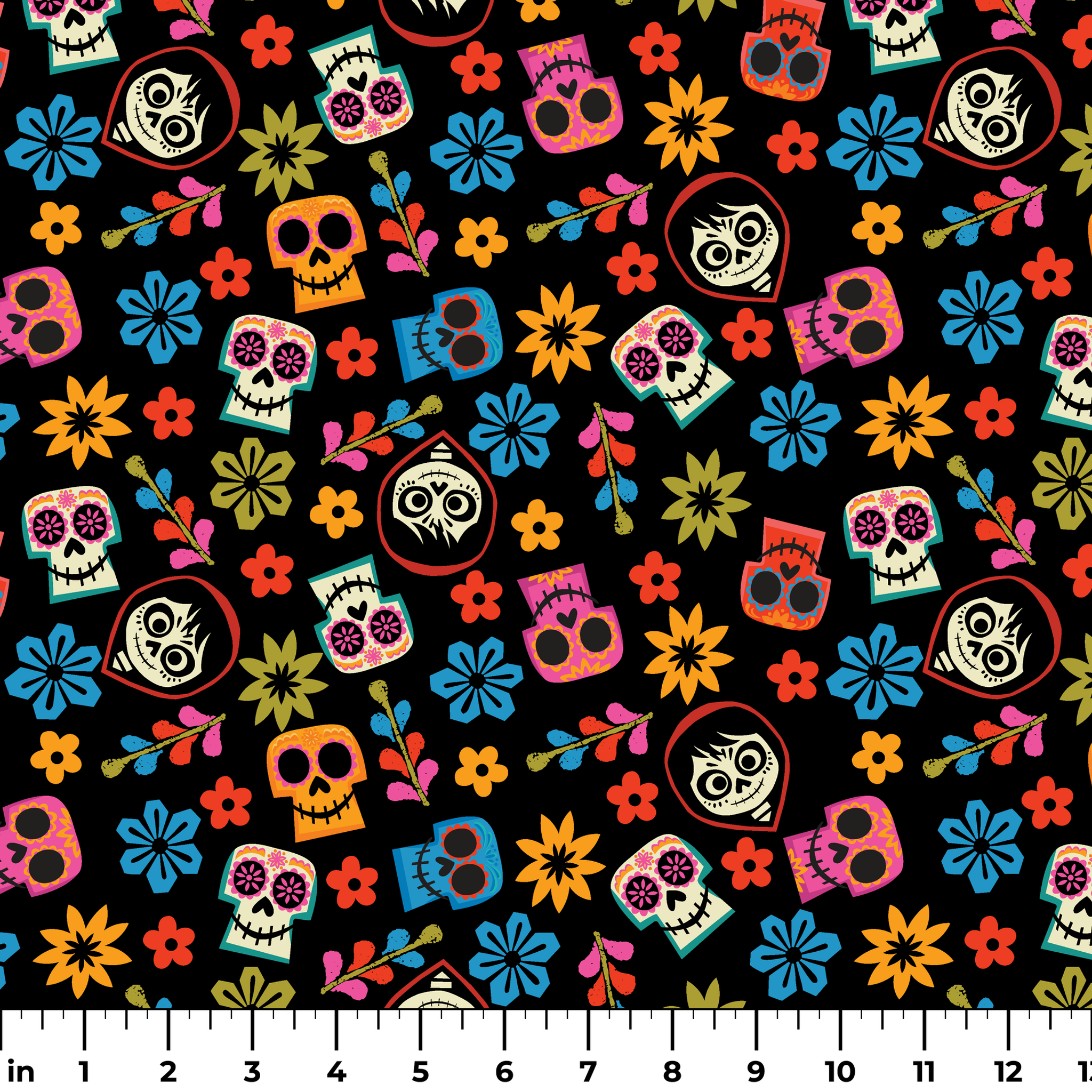 Colorful Coco sugar skull pattern with floral designs on black background for Day of the Dead ruler