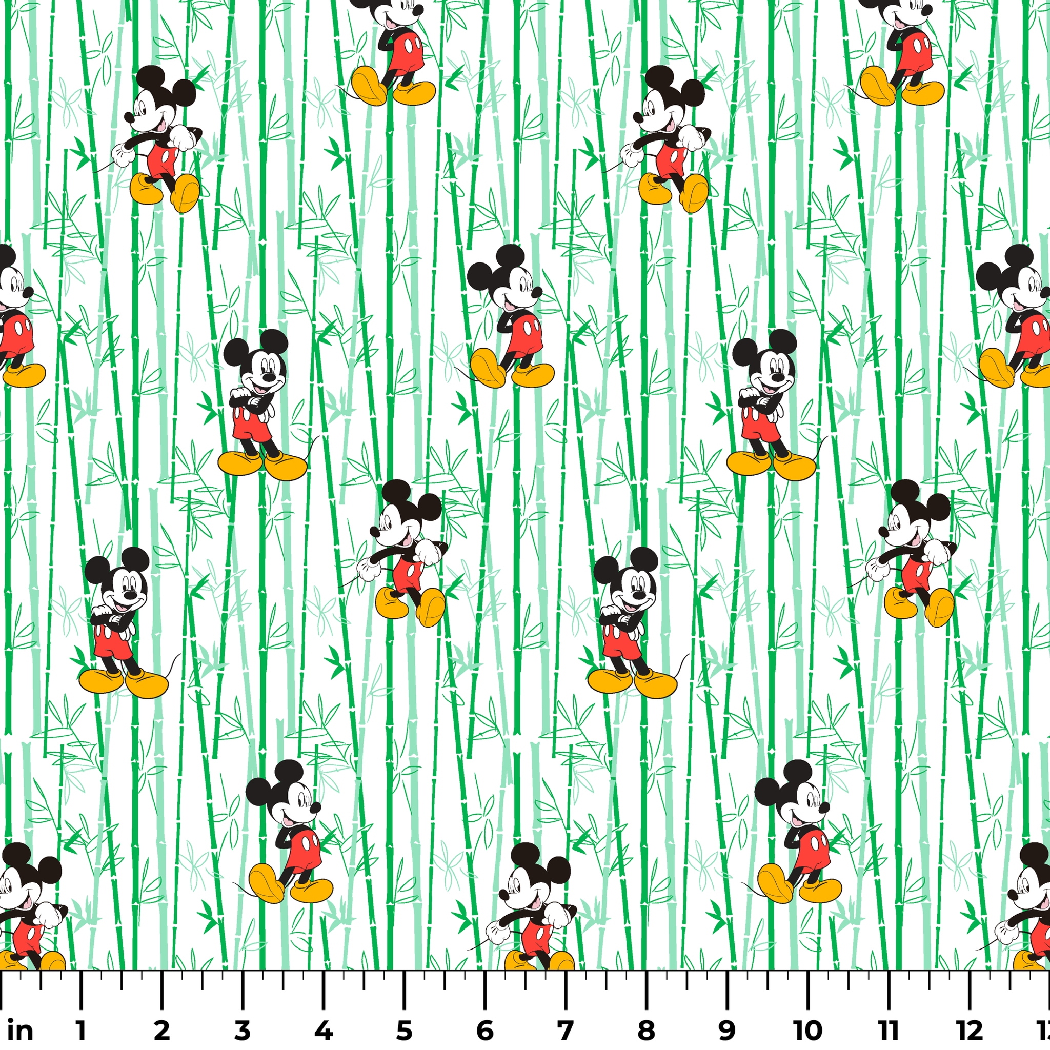 Cartoon mouse character pattern on white background with green vertical stripes ruler