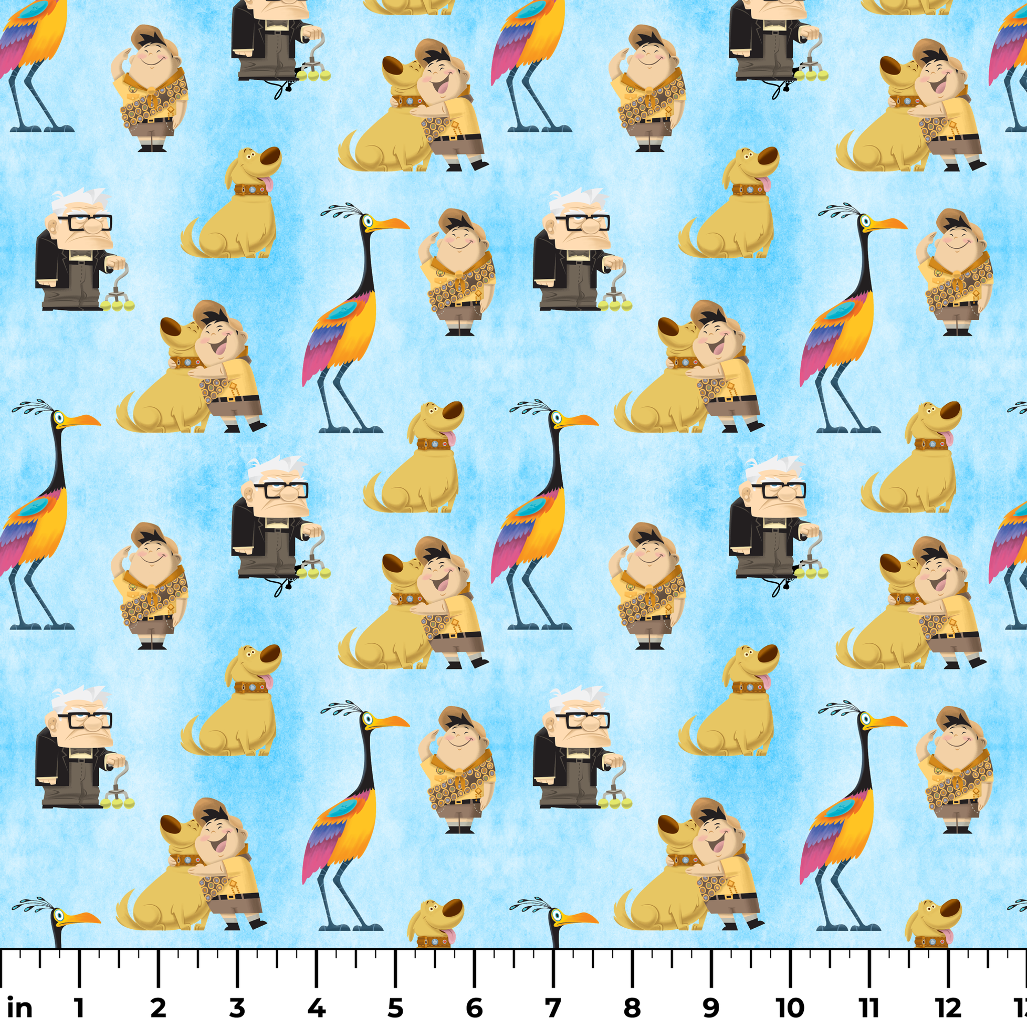 Colorful Up-inspired pattern with cartoon characters including elderly man, explorer, golden dog, and tropical bird on light blue background ruler