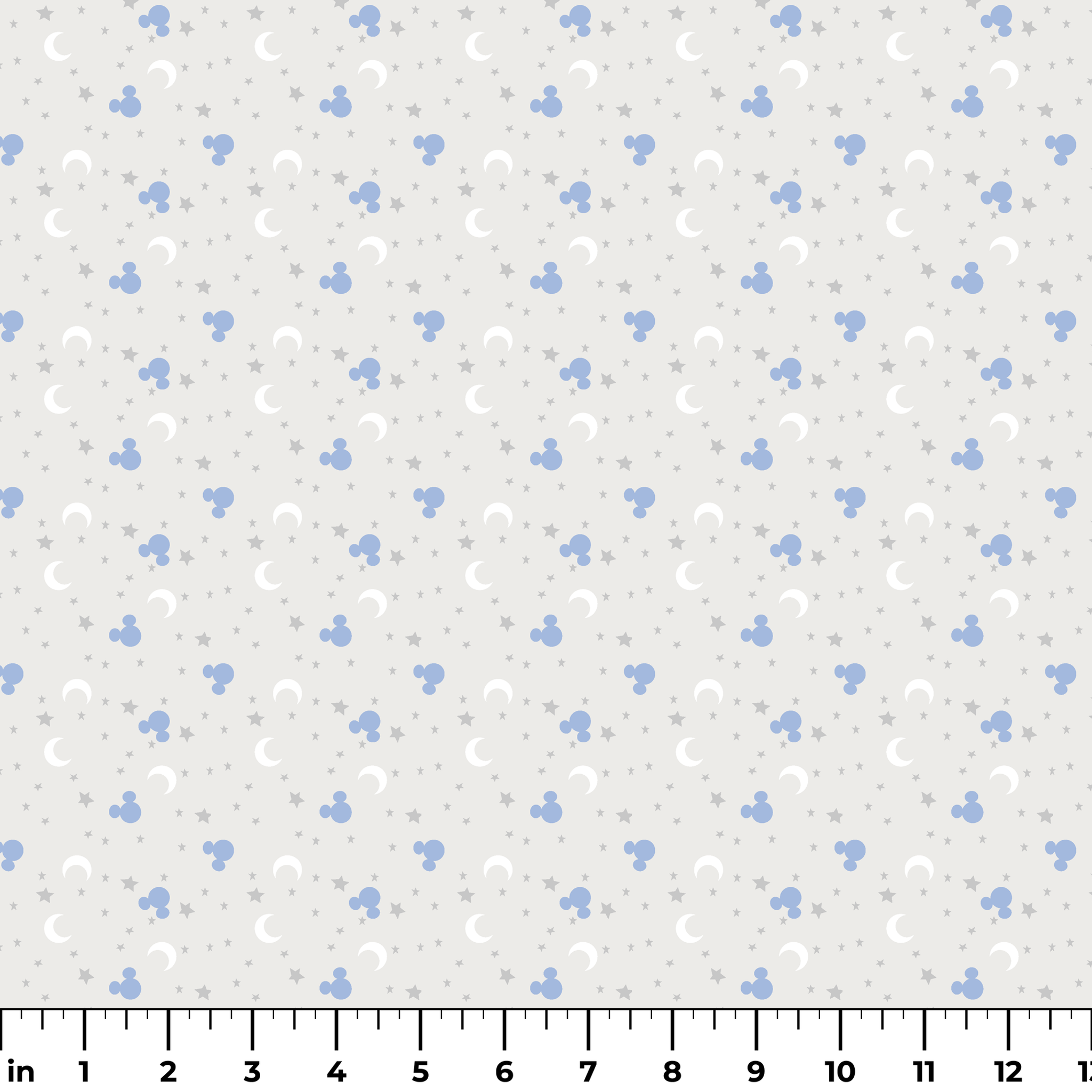 Blue Mickey Mouse silhouettes with white moons and gray stars on light gray background ruler
