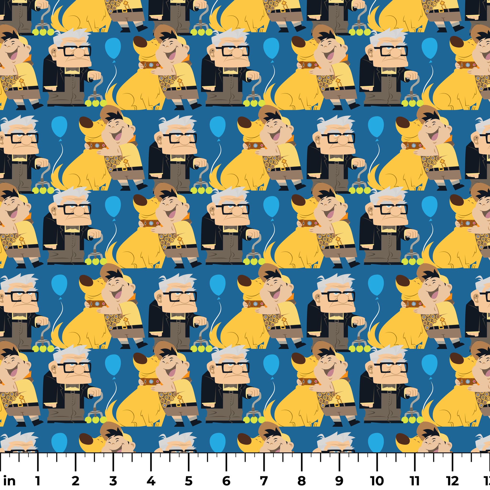 Cartoon pattern featuring characters from Pixar's "Up" with blue balloons, yellow dogs, and scouts ruler