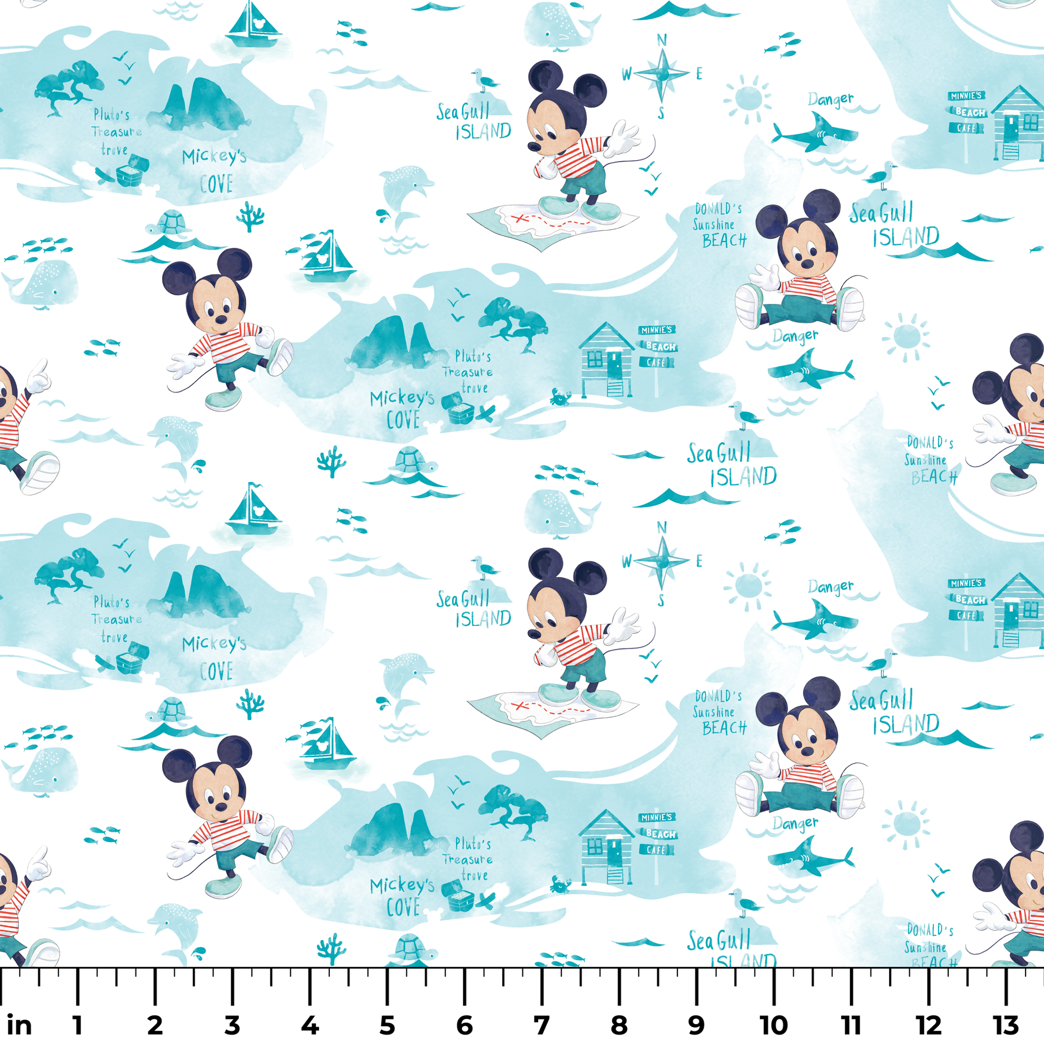 Cartoon Mickey Mouse pattern with turquoise ocean elements, sharks, waves, and "Safari" text ruler