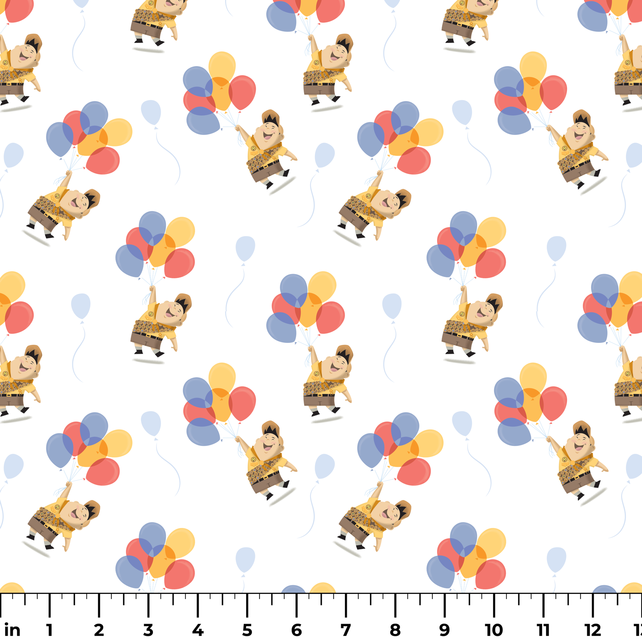 Up's Russell in explorer outfit floating with colorful balloons on white background pattern ruler