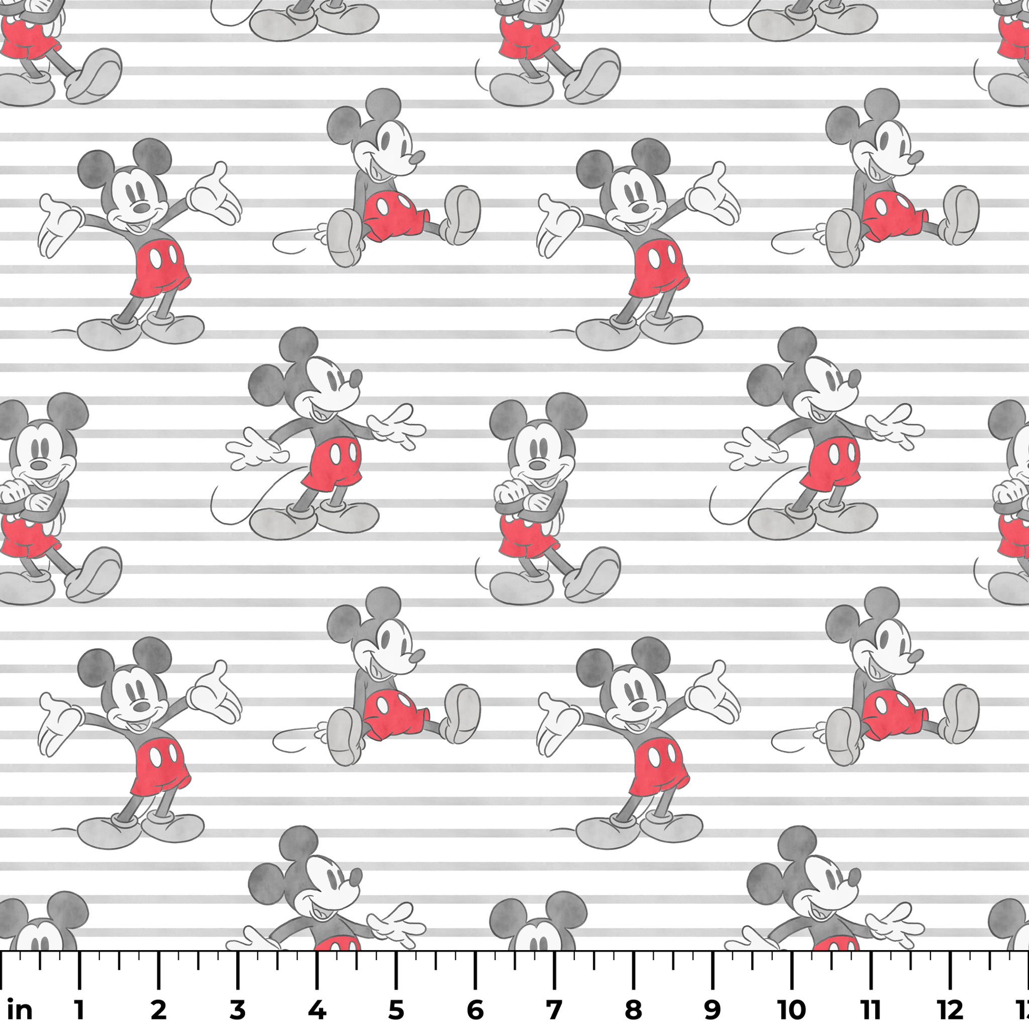 Mickey Mouse cartoon characters in various poses on gray and white striped background ruler
