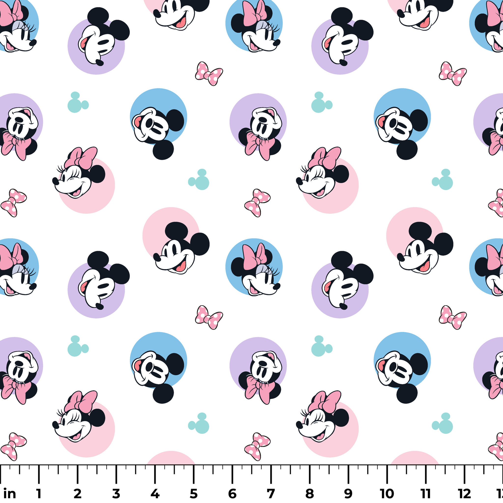 Disney Mickey and Minnie Mouse pattern with character heads on pastel circles, pink bows, and small Mickey icons ruler