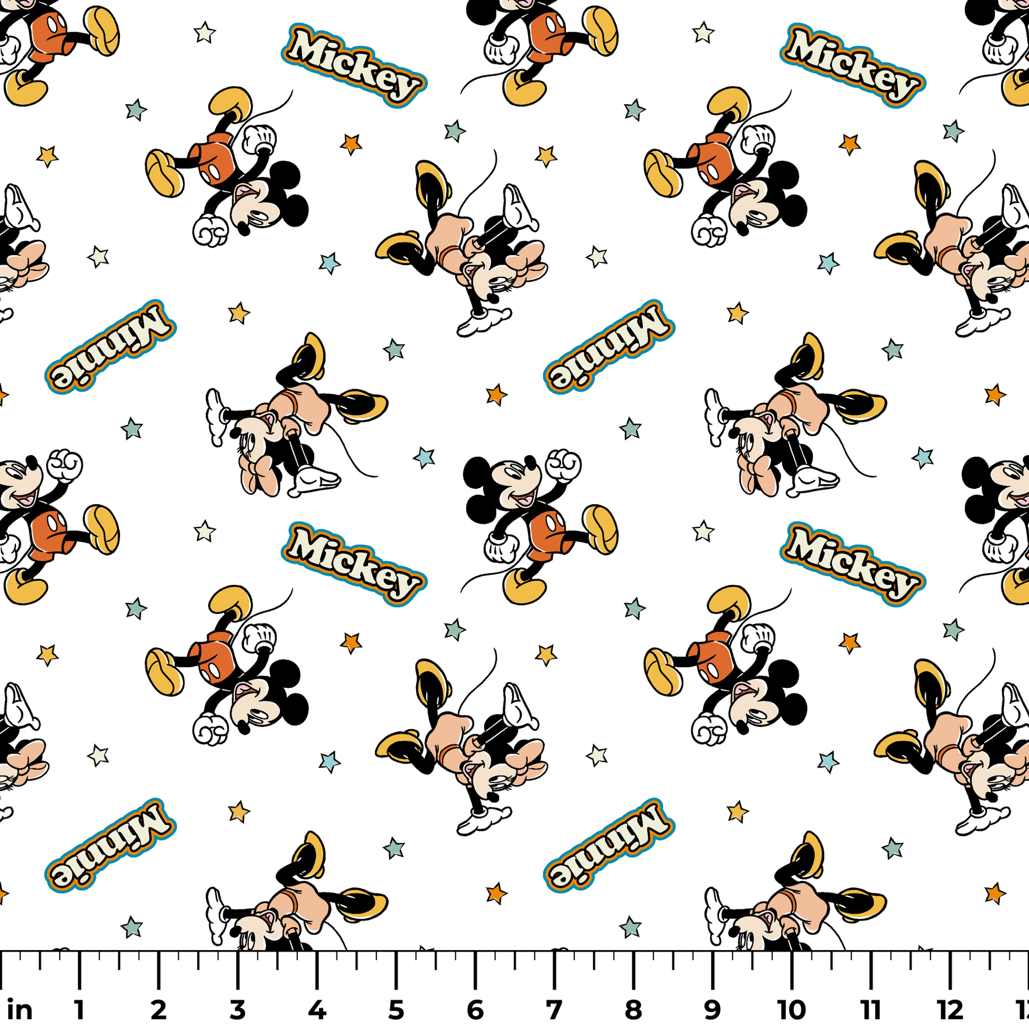 Pattern of cartoon Disney characters including Mickey Mouse and Minnie with yellow stars on white background ruler