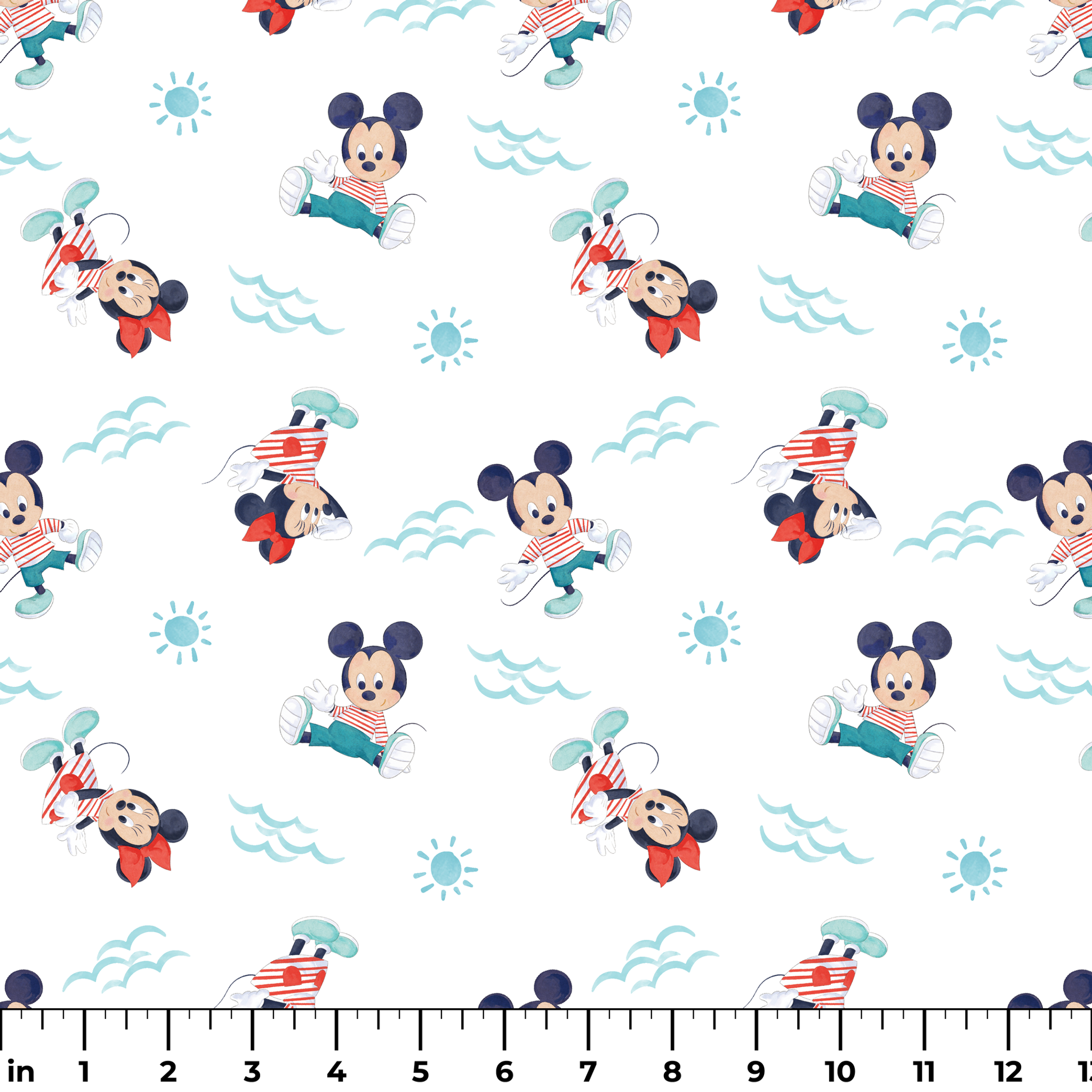 Mickey Mouse pattern with characters in various poses, blue waves and suns on white background, nautical theme ruler