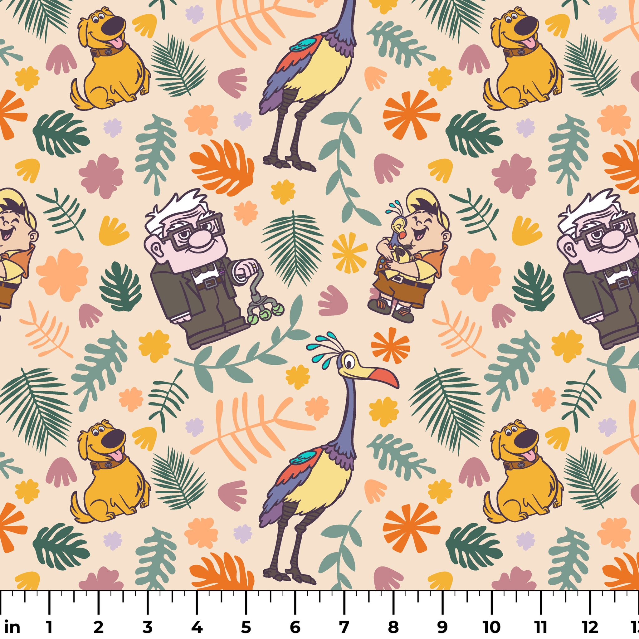 Whimsical cartoon pattern with colorful characters from Pixar's "Up" against floral background ruler