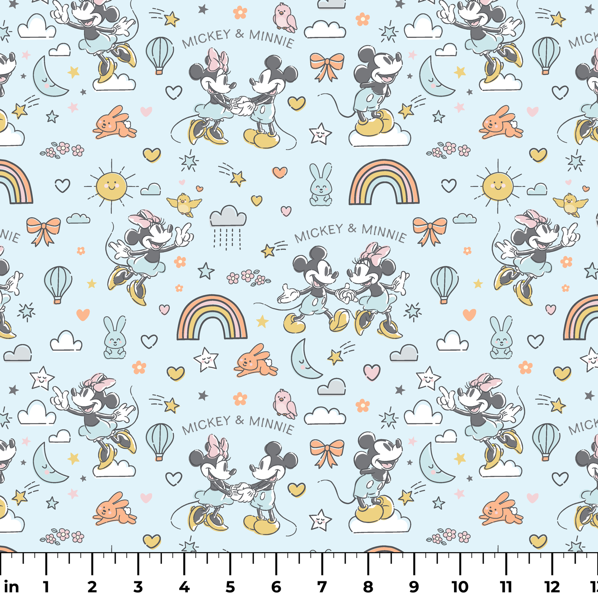 Playful Disney pattern with classic cartoon characters, rainbows, hearts, and whimsical elements on light blue background. ruler